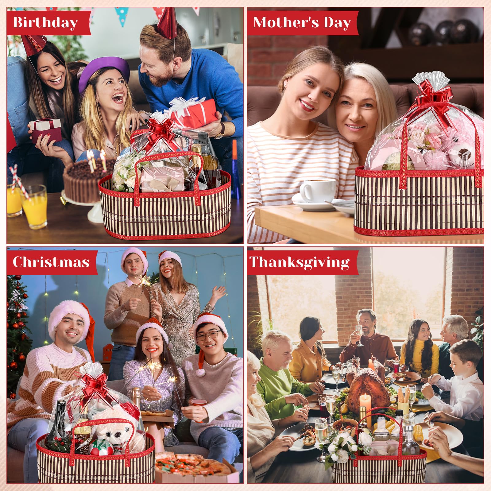 Reallnaive 3 juegos de cestas vacías grandes de bambú tejidas para Navidad, baby shower, fiesta de cumpleaños, cesta de regalo vacía con asas, 15.75 x 7.87 x 6.3 pulgadas, lazos y bolsas de celofán