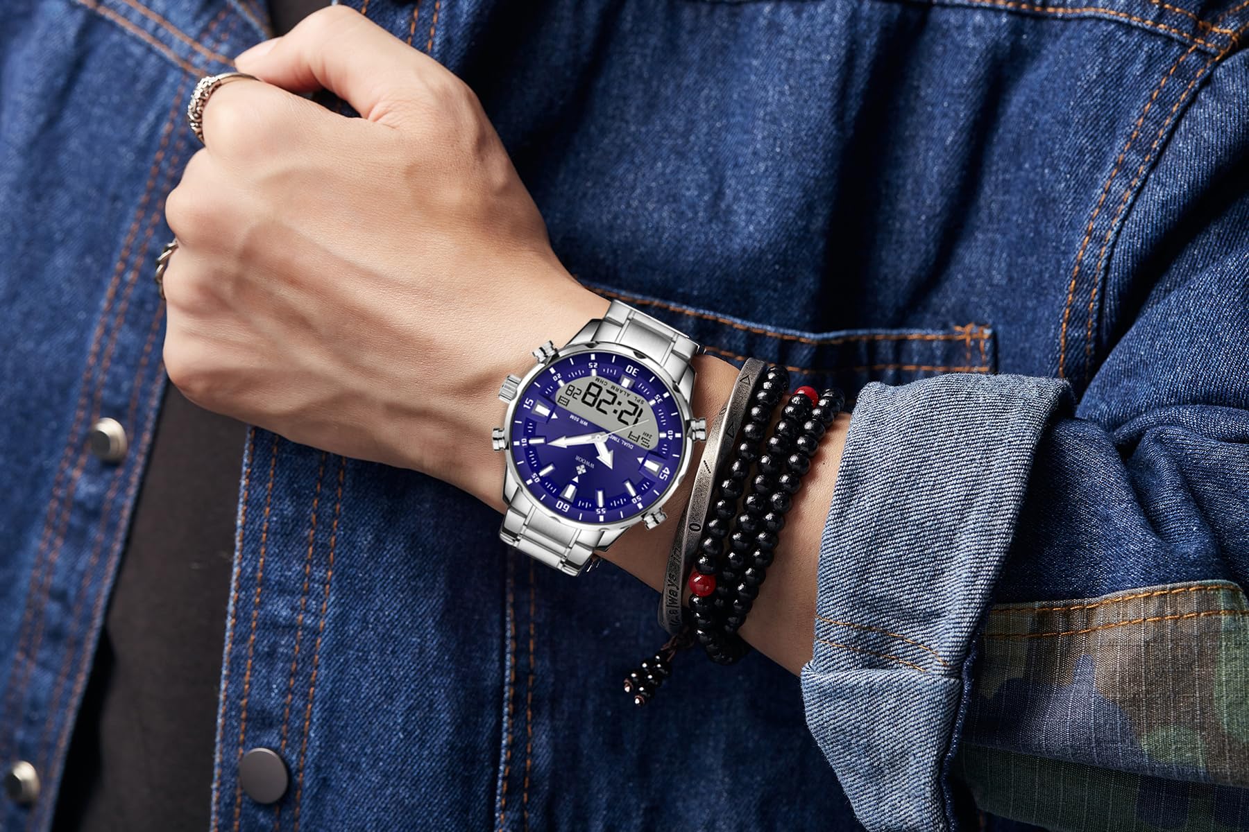 Gosasa Montre analogique à quartz pour homme - En acier inoxydable - Style sportif - Style décontracté - Style militaire - Étanche - LED