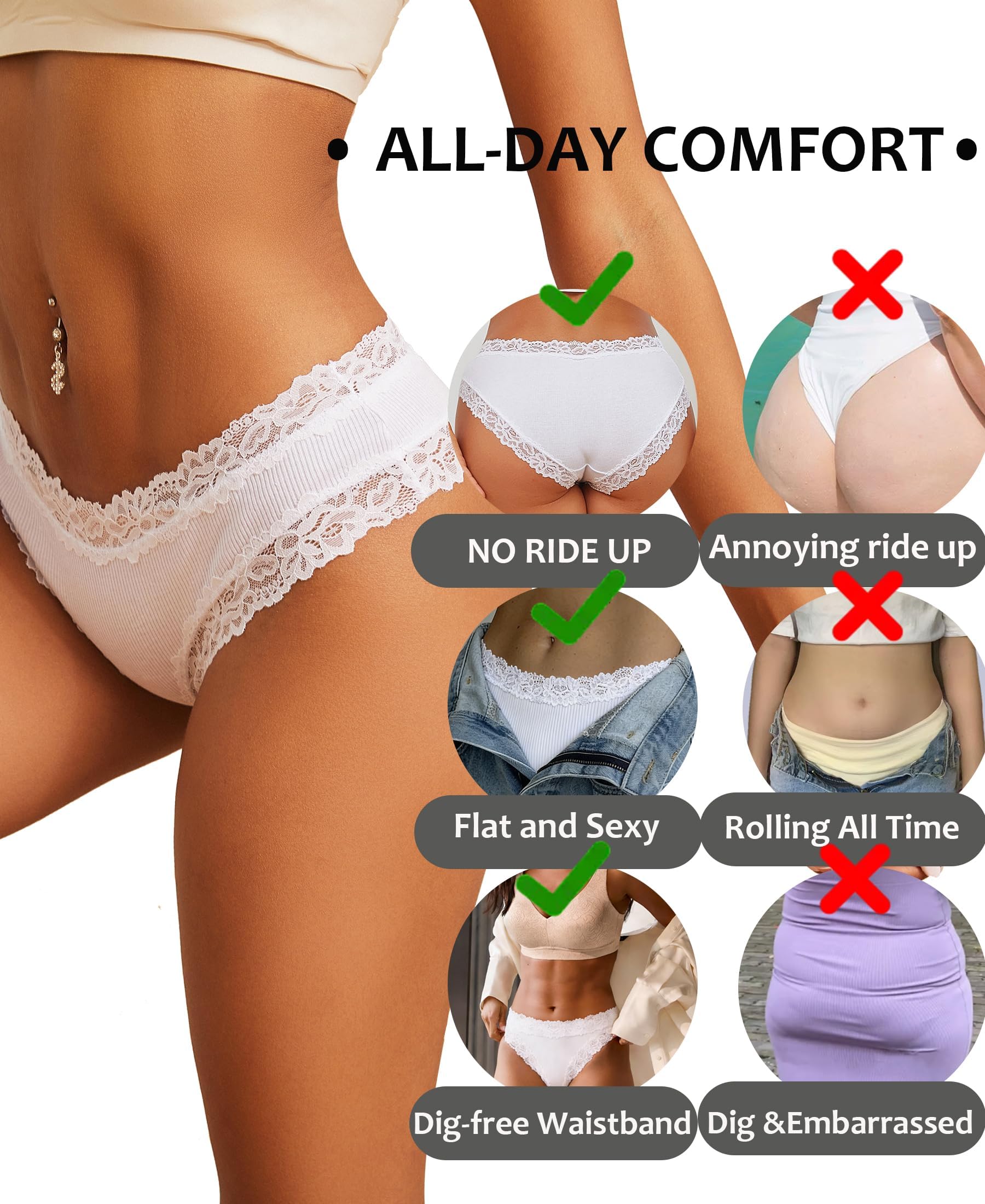 Pack de 6 Braguitas de algodón con Encaje para Mujer