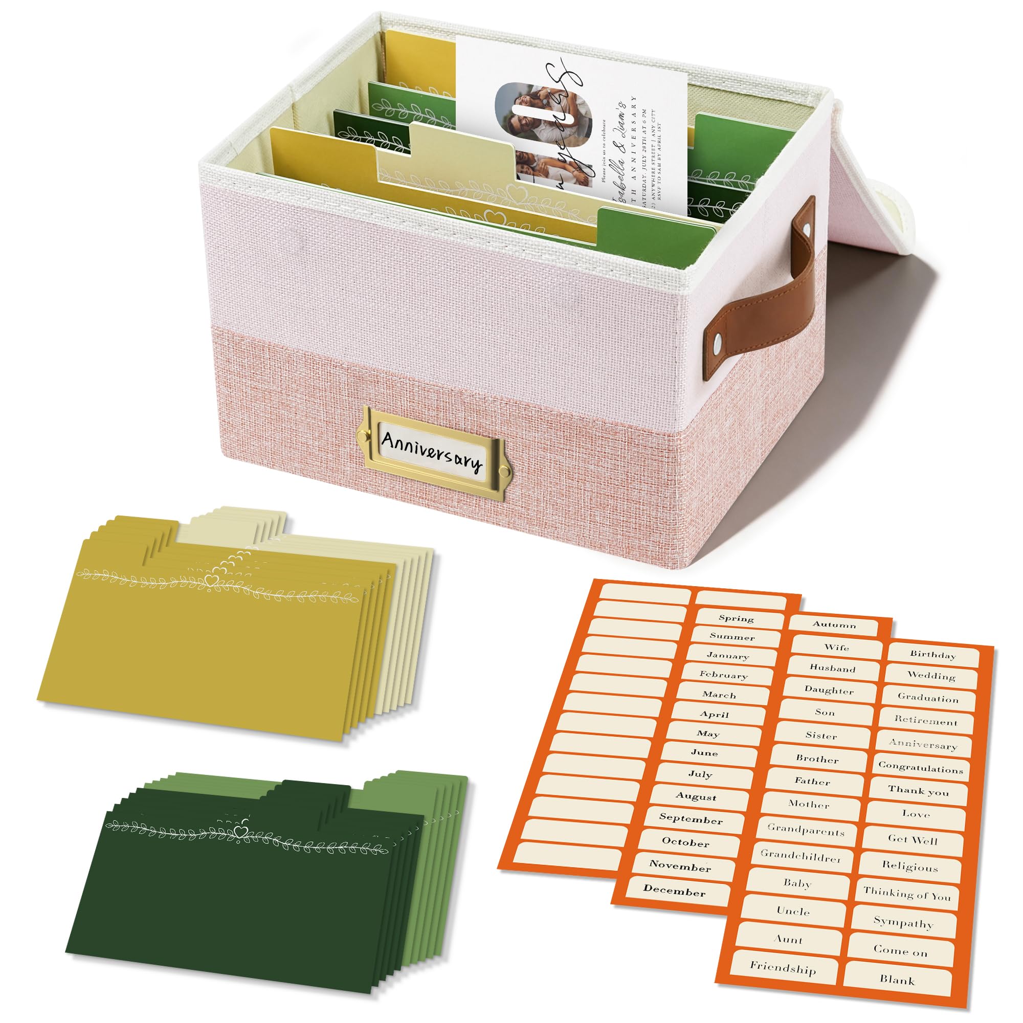 Vienrose Greeting Card Organizer Box, Foldable Storage Box with 20 Removable Dividers and 84 Self-Adhesive Labels, Card Box for Greeting Cards Photos Envelopes Stickers Postcards, Light Pink & Lotus