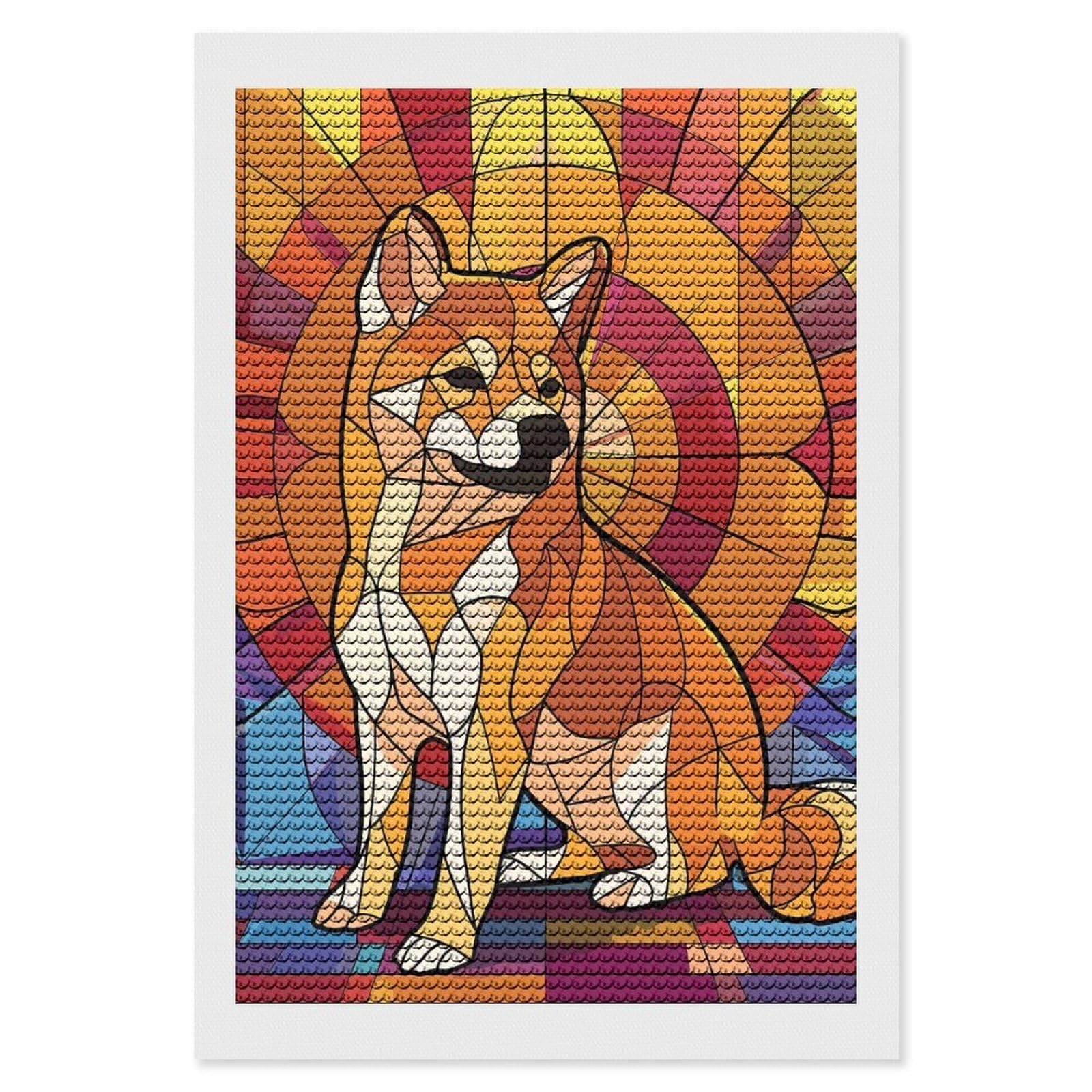 Junmoney Shiba Inu Stained Glass Art Diamond Art Canvas 8"x12", for Adults, Good for Quiet Evenings, Bedroom Decor, Festive Craft Gift, Easy to Enjoy