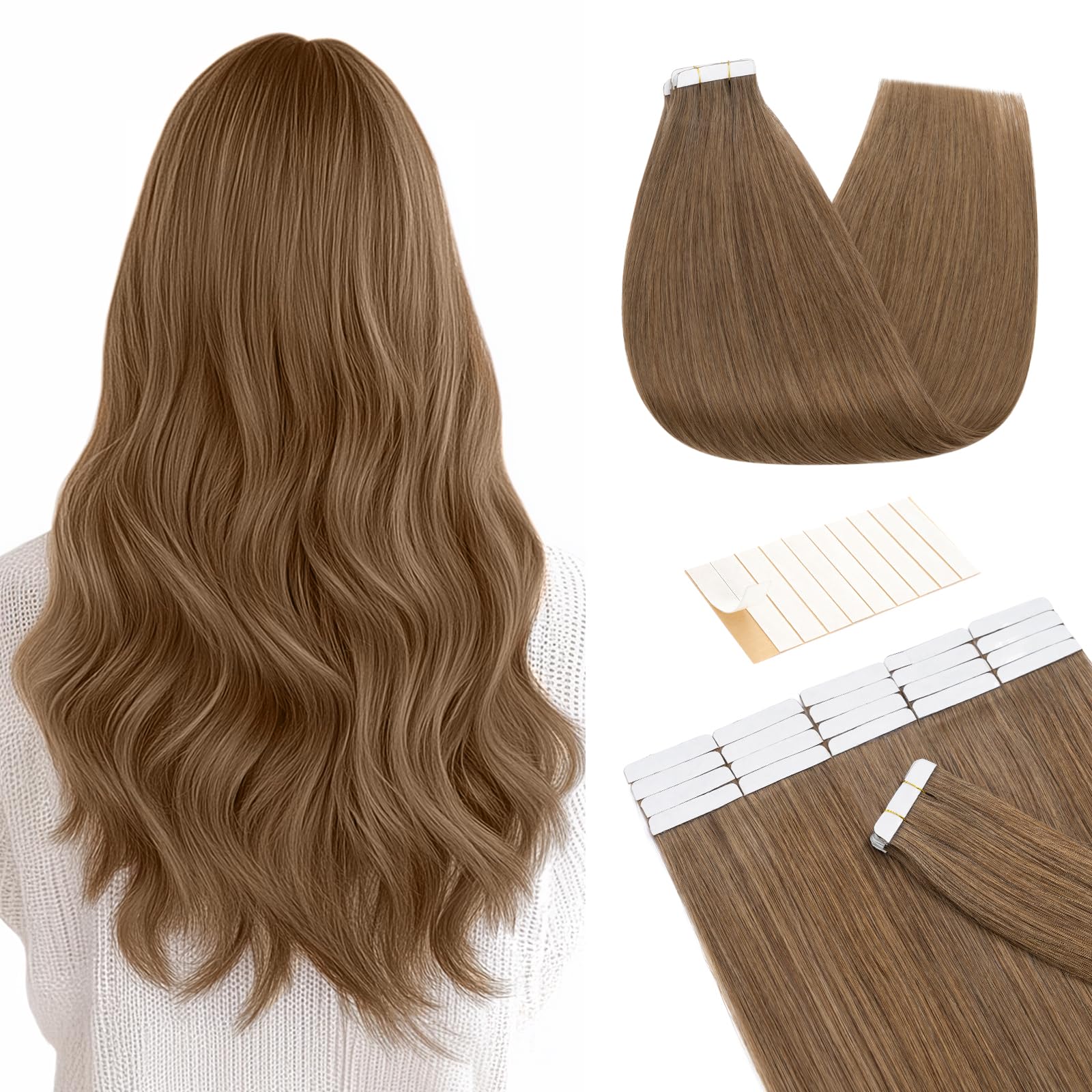 TESS Tape in Hair Extensions Human Hair 10 PCS #06 Light Brown - 18 Inch Seamless Invisible Real Hair Extension Straight 25g