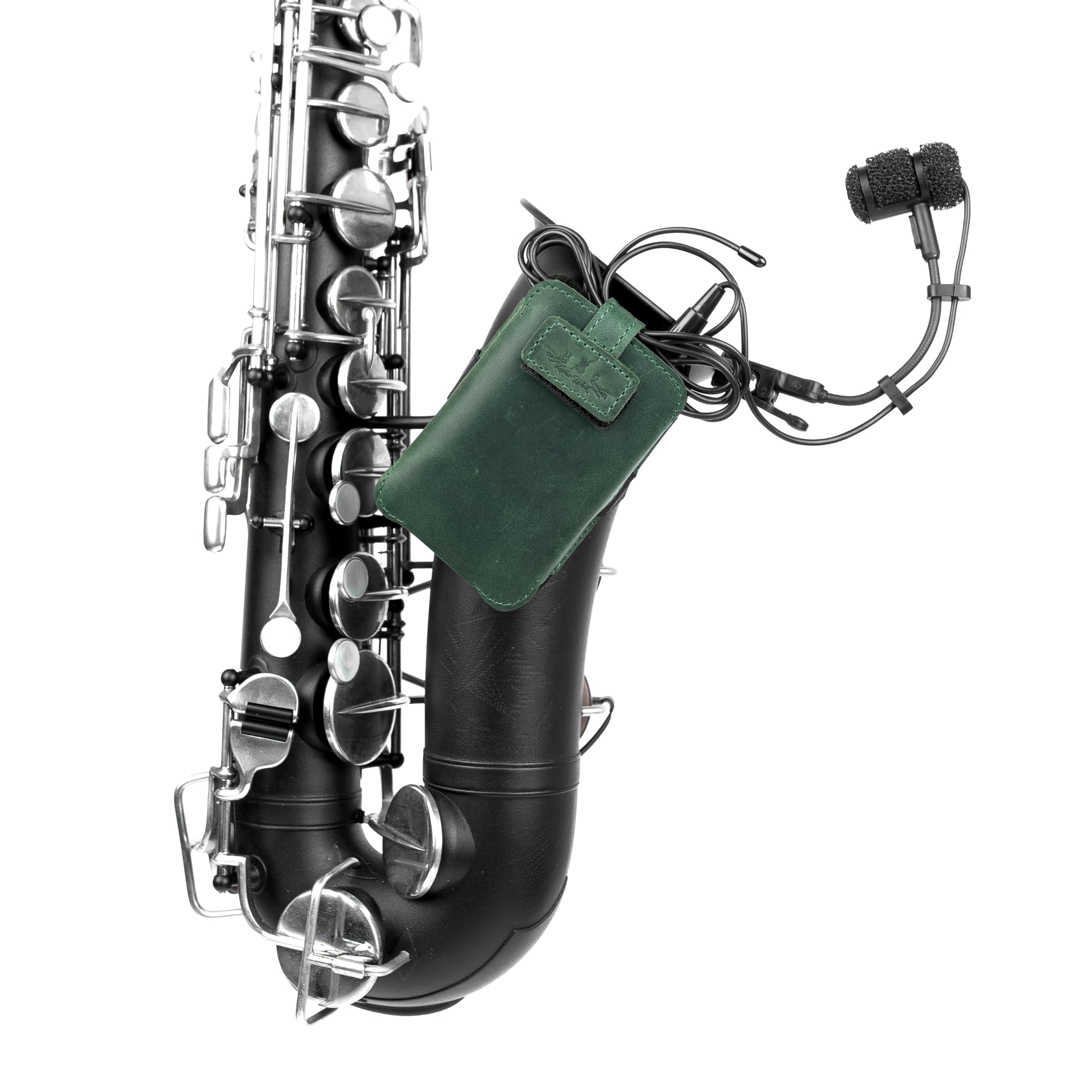 Sassofono microfono trasmettitore porta microfono in vera pelle cinghie elastiche regolabili per vestibilità sicura ideale per jazz, studio, concerti dal vivo (verde)