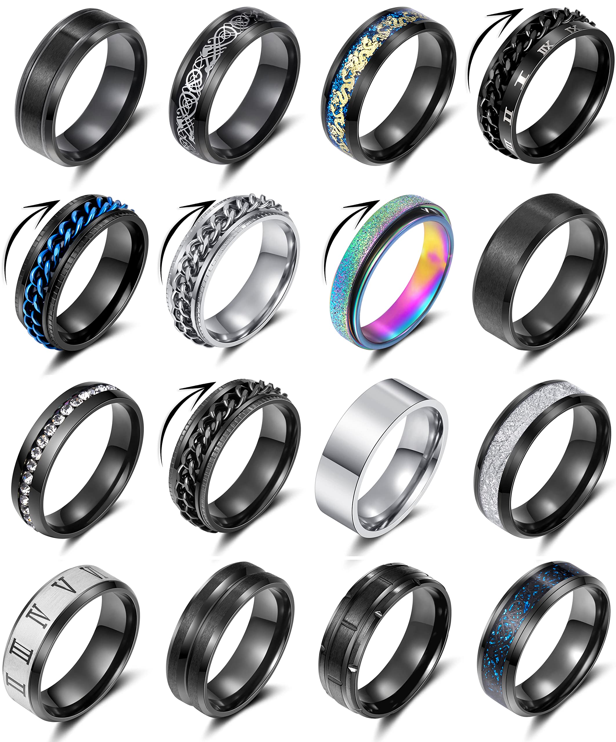 16PCS Stainless Steel Band Rings for Men Women Fidget Rings Spinner Rings for Anxiety Relief Band Rings Wedding Pormise Engagement Rings Set