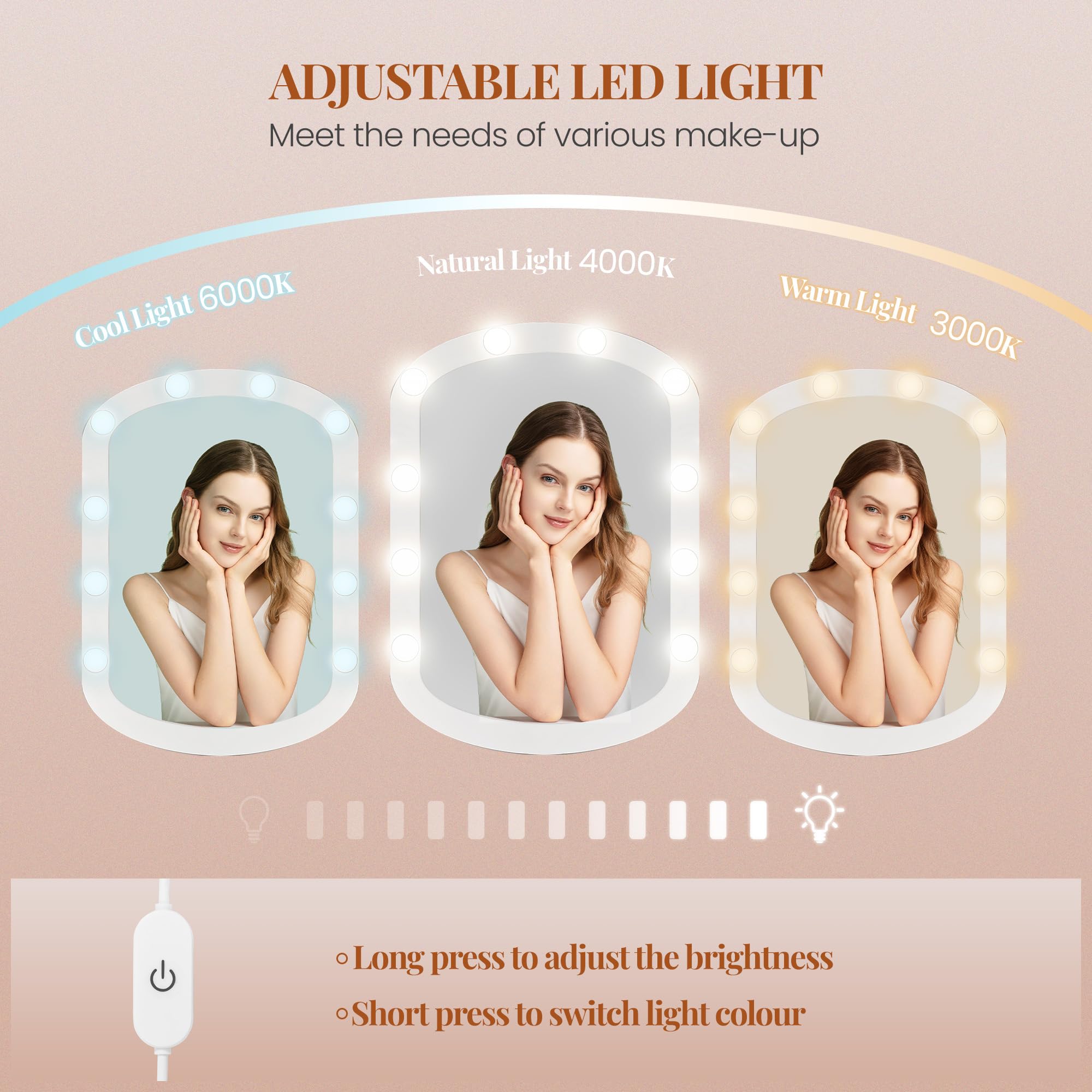 HEXCELEN 90 cm Coiffeuse avec Miroir Ovale, Coiffeuse avec Miroir LED à Luminosité Réglable, Table de Maquillage, 3 Tiroirs avec 6 Étagères Ouverts, Blanc
