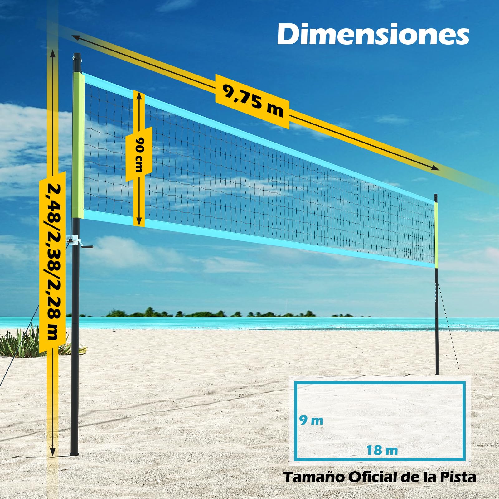 GOPLUS Red de Voleibol Ajustable en Altura, Kit Completo de Voleibol con Postes Metálicos, Balón, Bolsa de Transporte, Red de Vóleibol Profesional para Playa, 9,75 m x 0,9 m