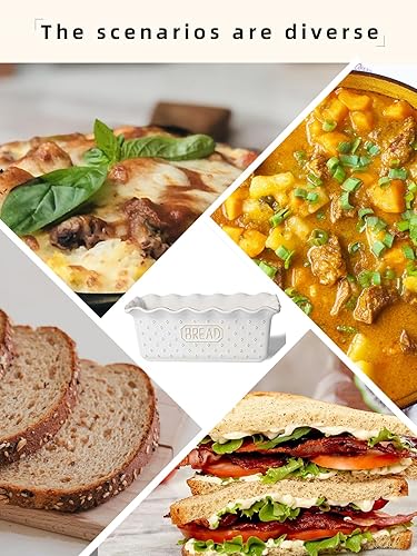 Miniatura 7 de Molde de cerámica para hornear pan, 9 x 5 pulgadas, sartenes antiadherentes para cocinar, microondas y lavavajillas, molde rectangular (blanco