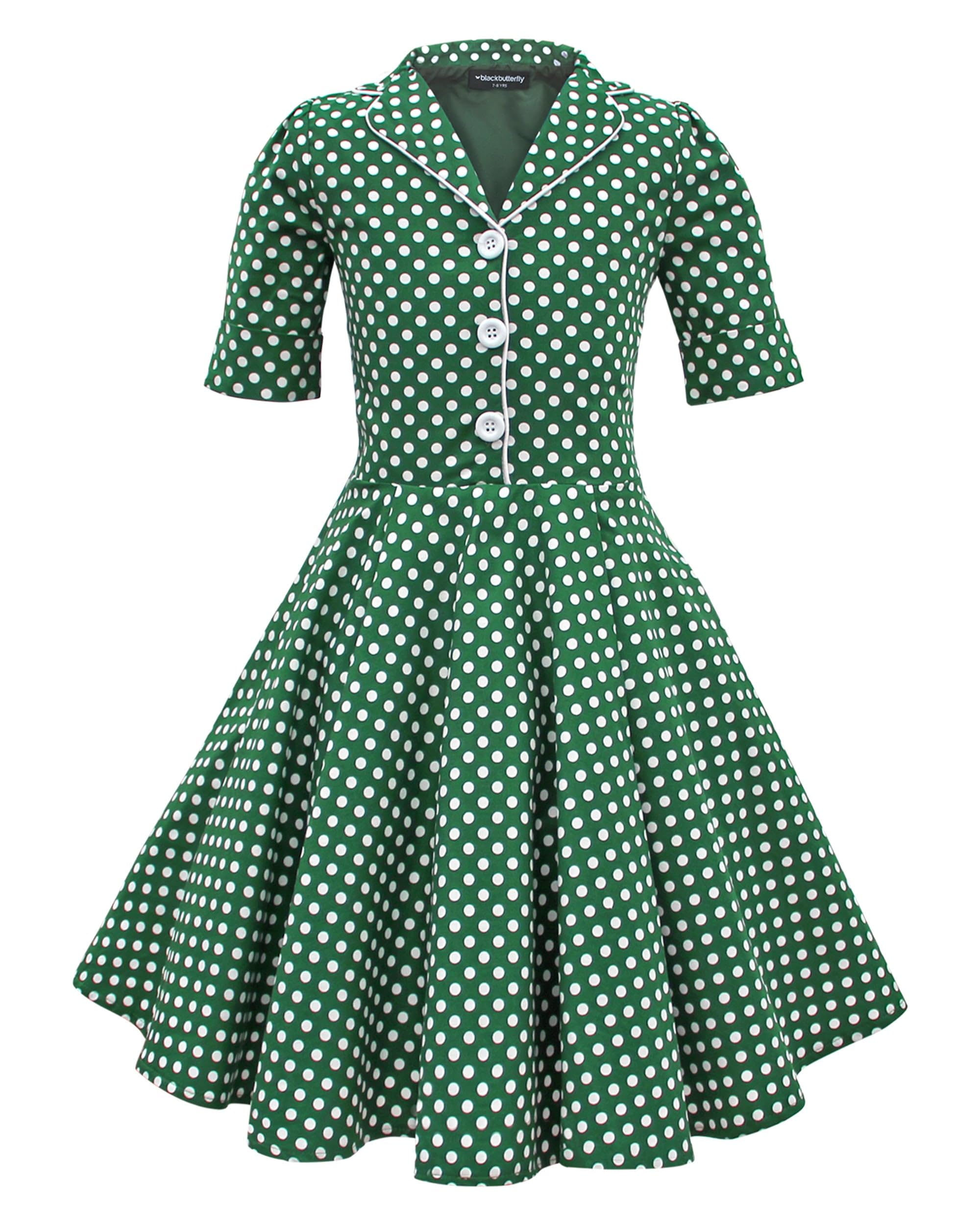 BlackButterfly Girls Sabrina Polka Dot Dress, Green, 9-10 Years