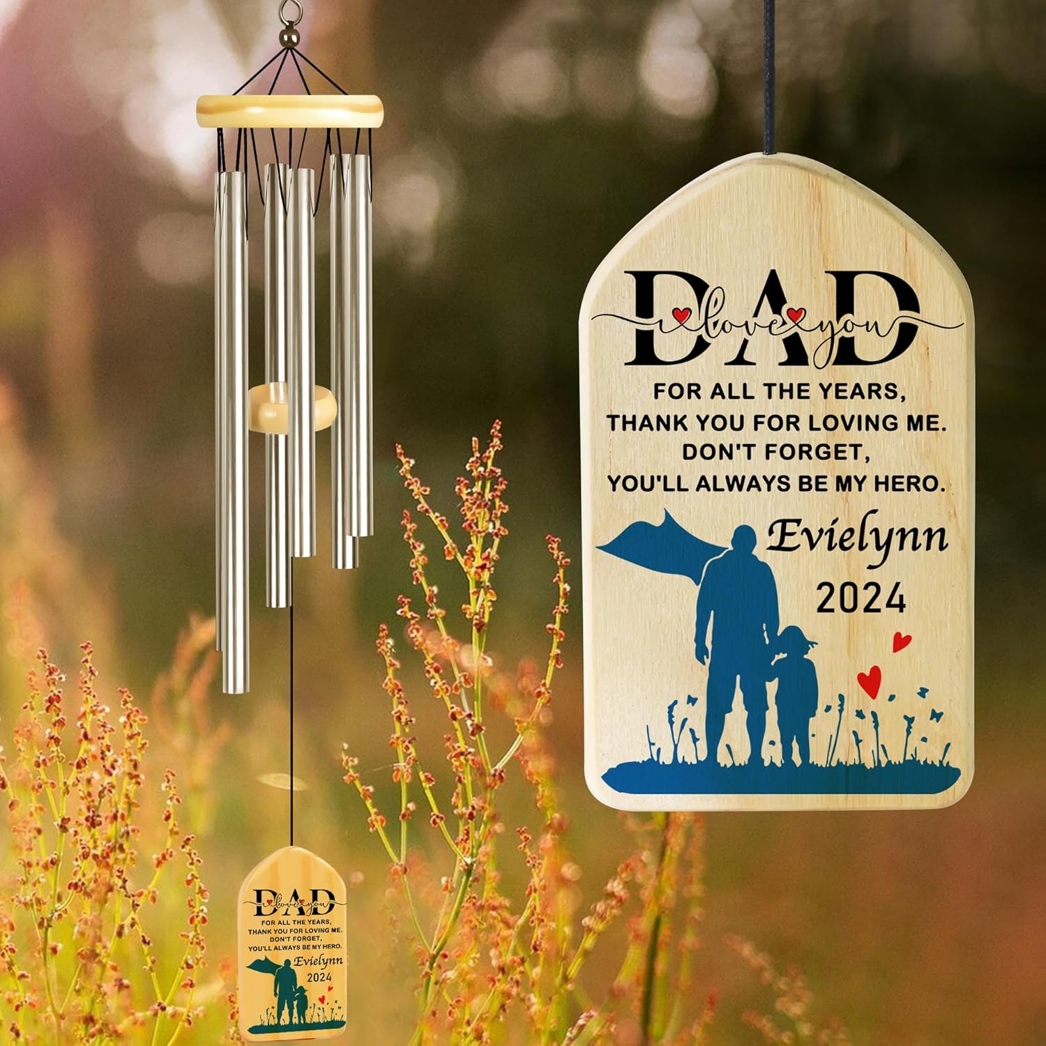 Gifts for Dad, Jocidea Father's Day Wind Chimes, Fathers Day Personalized Gifts, Birthday Christmas Valentine's Day Father's Day Presents - You'll Always BE My Hero