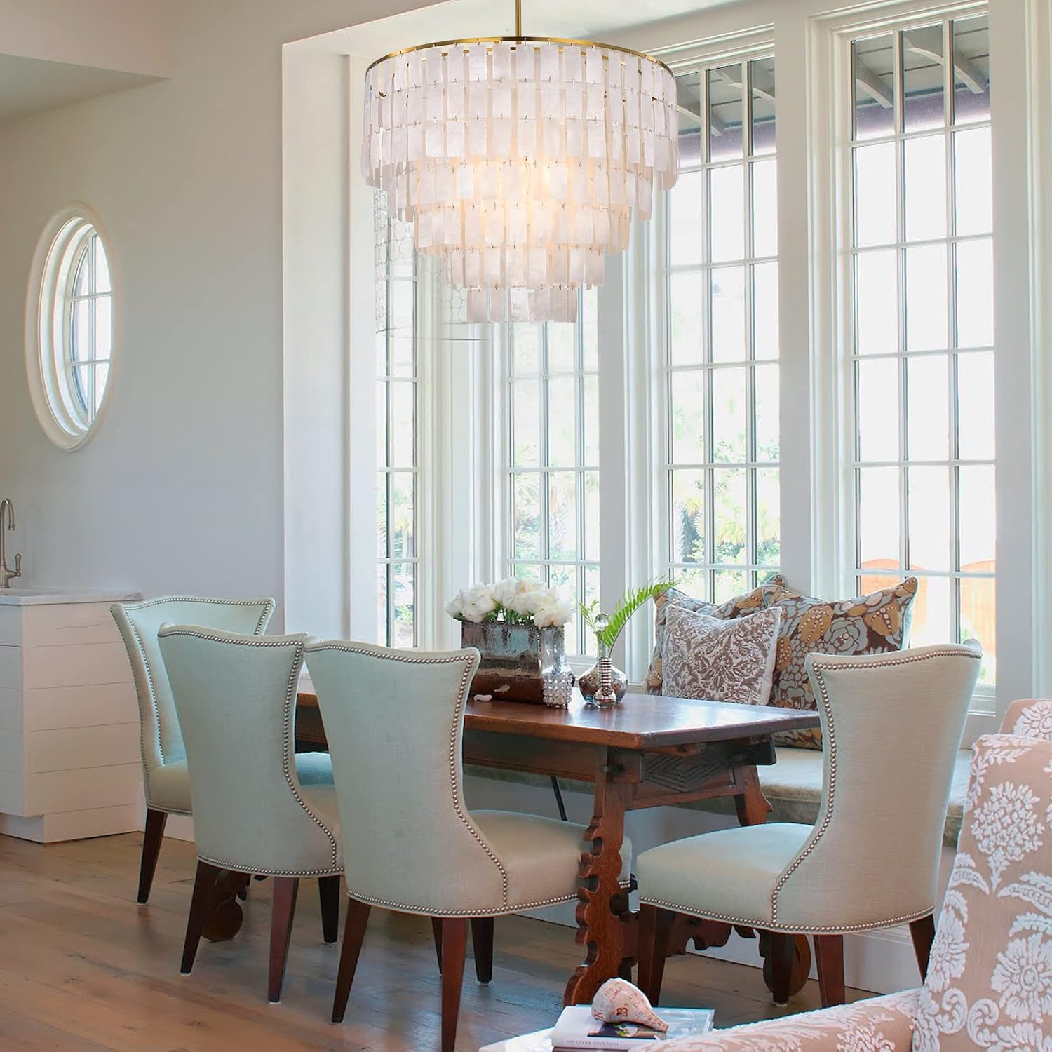 TOCHIC Capiz Shell Chandelier, 6-Light Chandeliers for Dining Room, Gold Coastal Chandelier with Natural Shells, Round Boho Light Fixtures for Bedroom, Living Room, Kitchen and Foyer, W-23.62"