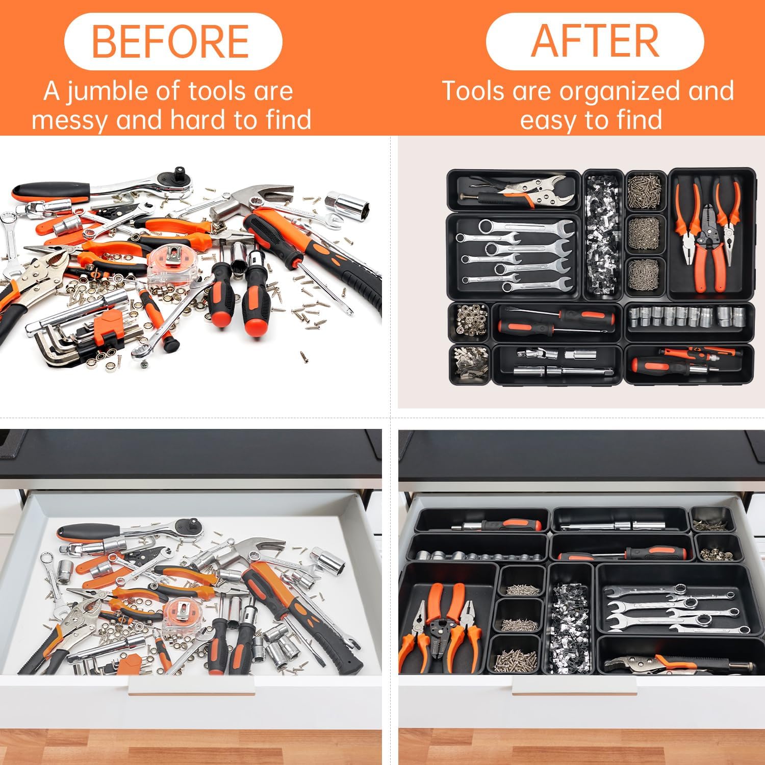 [5-Sizes] 70 Pack Tool Box Organizer Tray, Large 12'' Tools Box Organizers and Storage, for Hammer, Wrench, Screw, Small Parts Toolbox Organization, Tool Cart Chest Garage Drawer Organizer Tray, Black