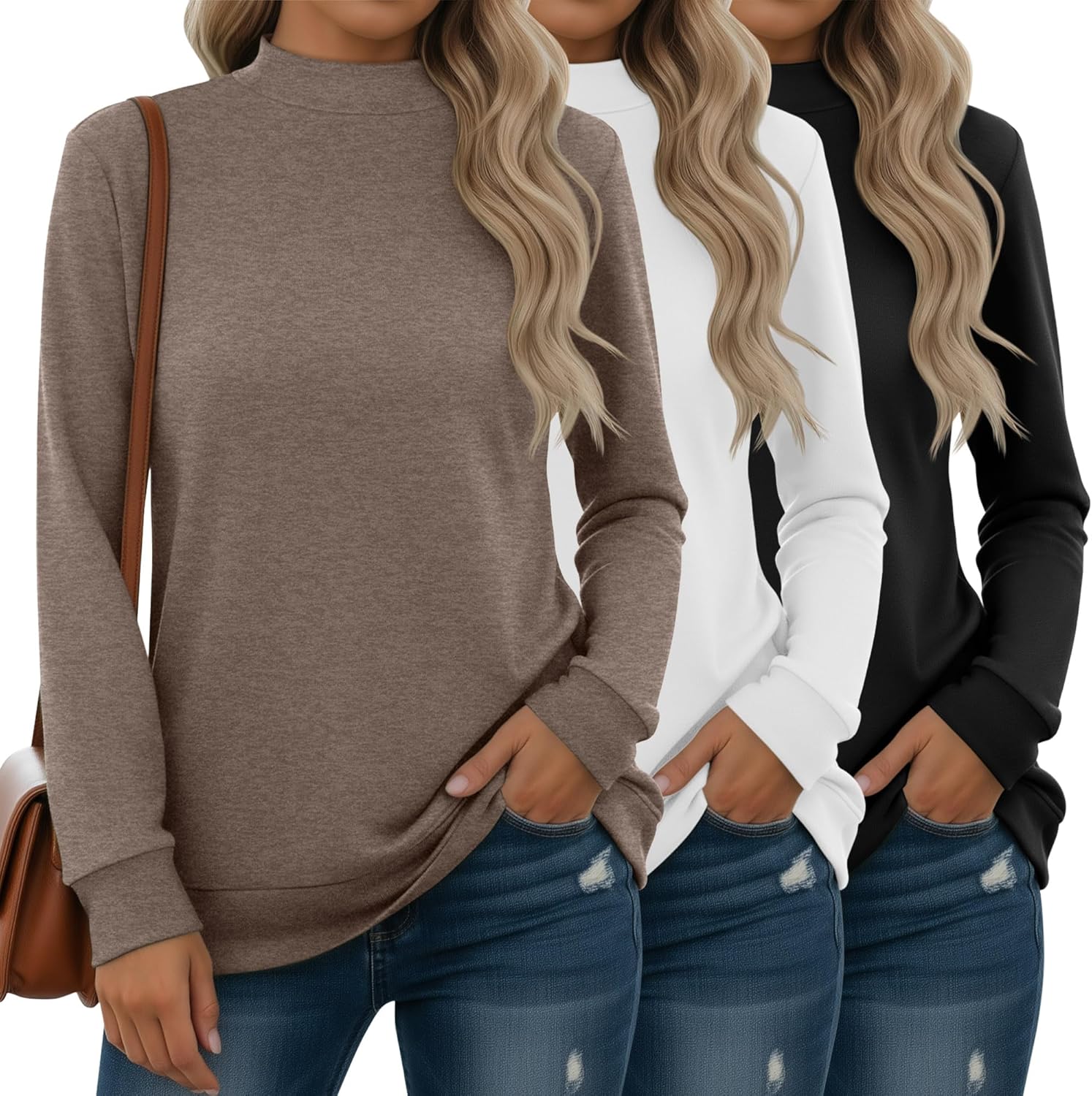 3 Pack Women's Mock Turtleneck Sweatshirts Long Sleeve Cotton Pullover Shirts Tunic...