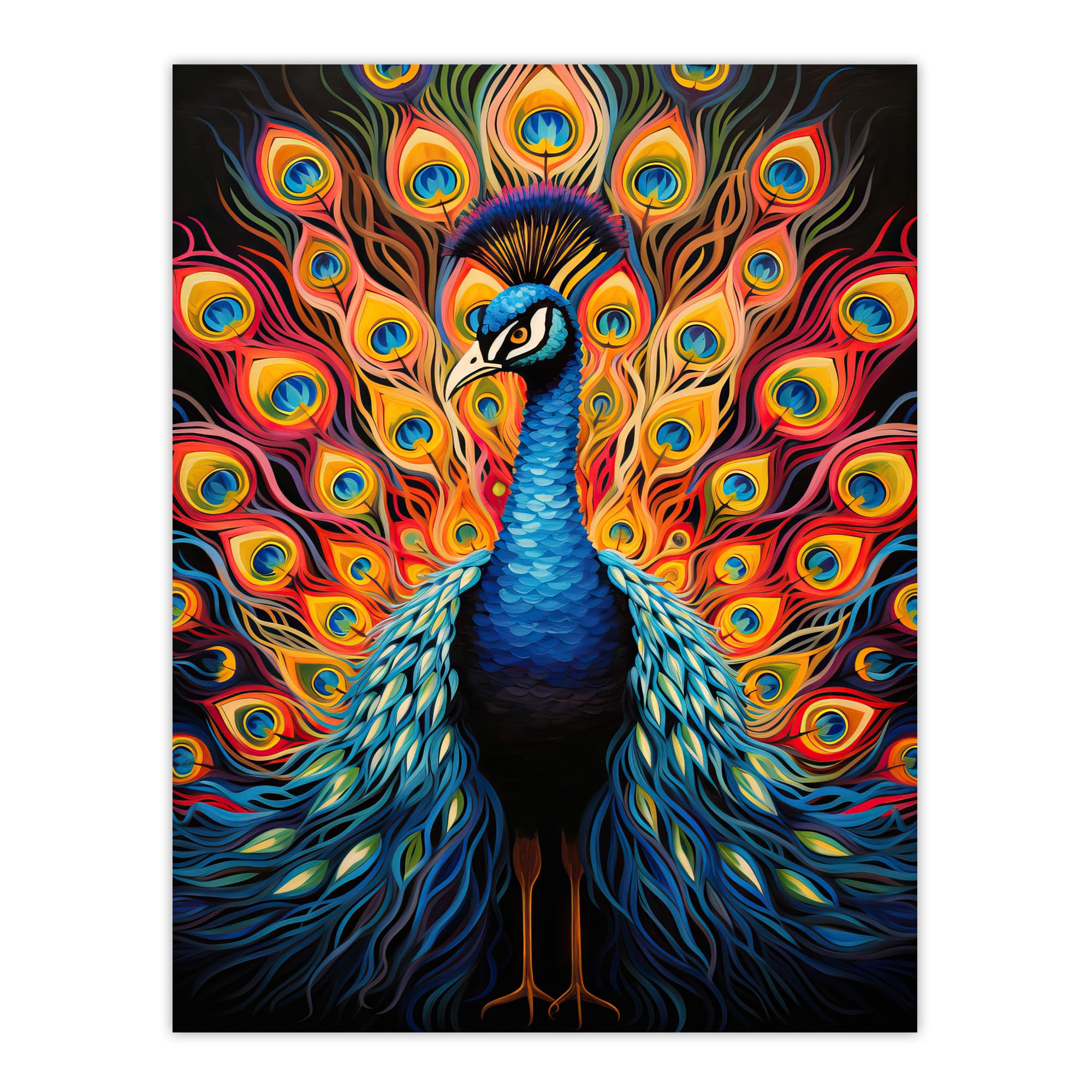 Artery8 Peacock Bird With Bright Vivid Feathers Yellow Red Blue Bold Portrait Artwork Extra Large XL Wall Art Poster Print