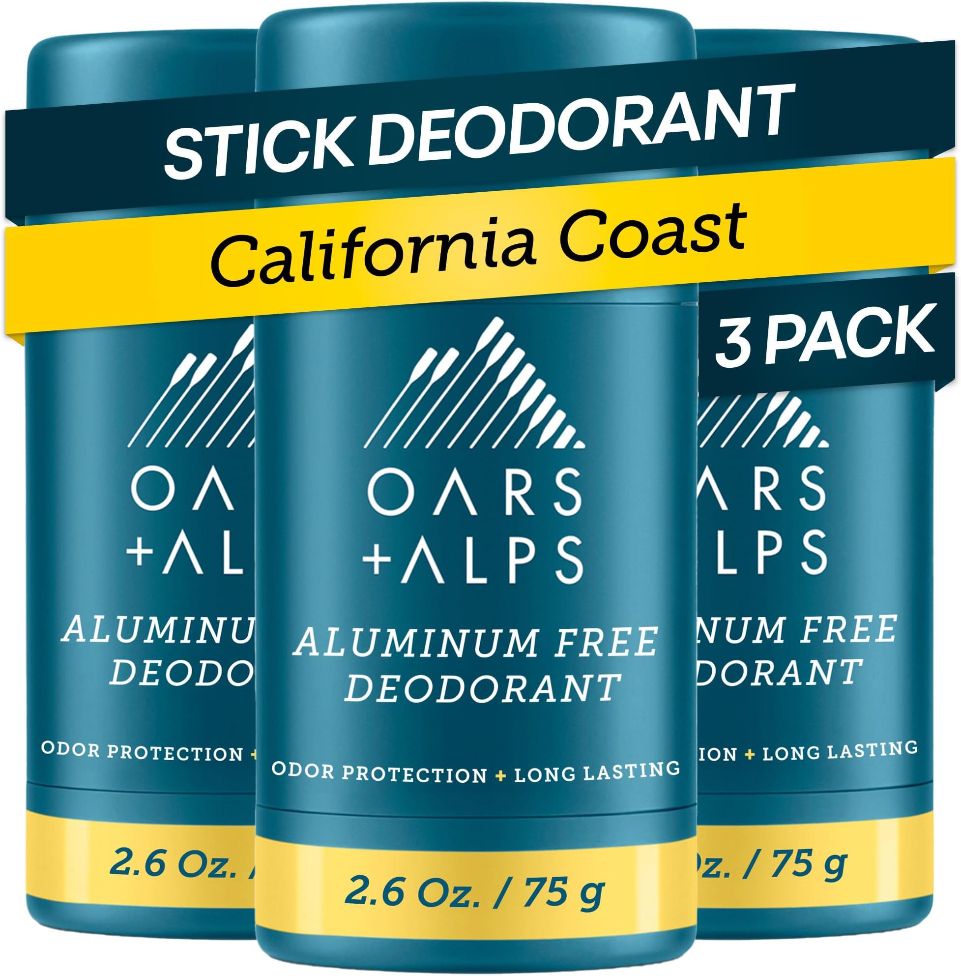 Oars + Alps Natural Deodorant for Men and Women, Aluminum Free and Alcohol Free, Vegan and Gluten Free, California Coast, 3 Pack, 7.8 Oz