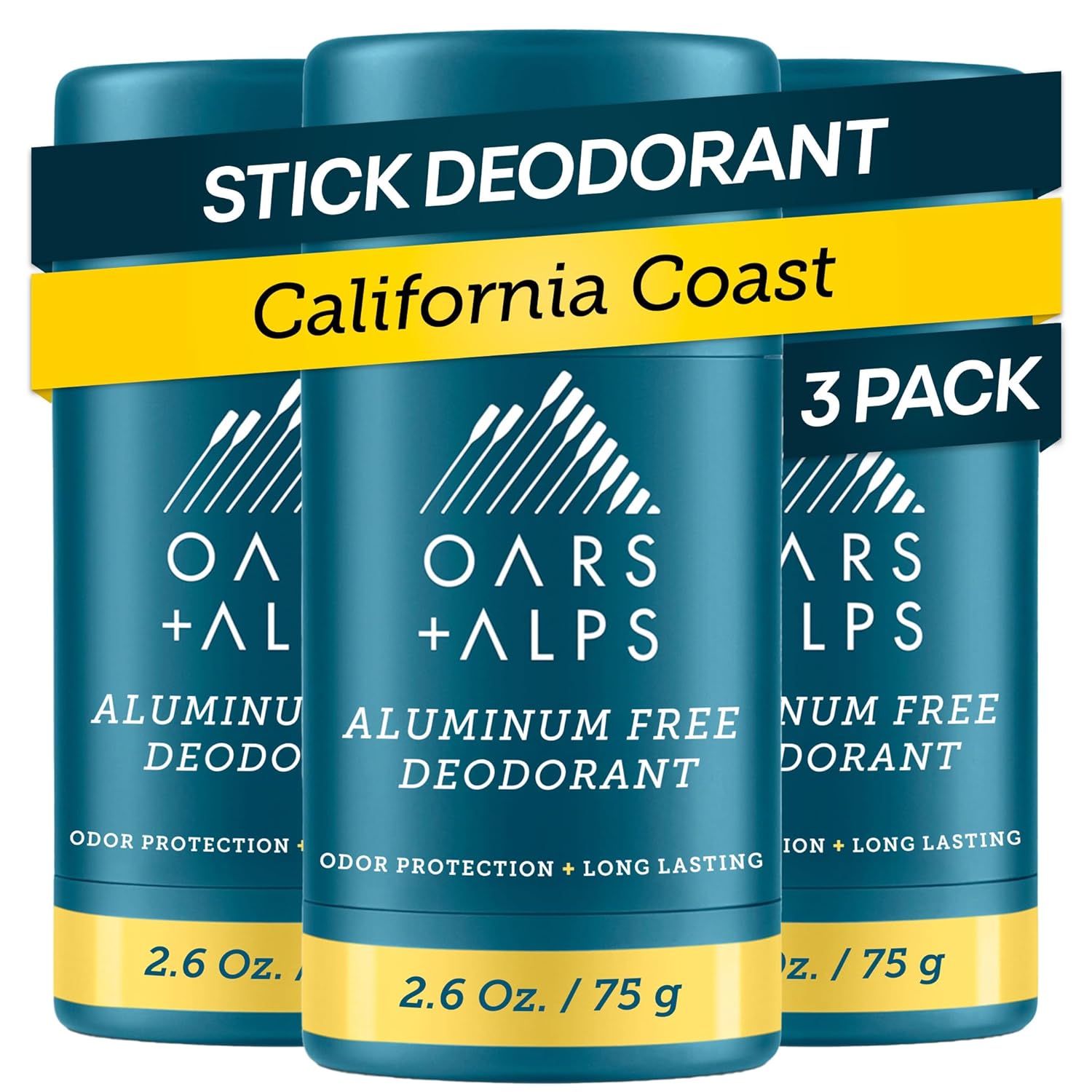 Oars + Alps Aluminum Free Deodorant for Men | Long Lasting Odor Protection, Clear & Free of White Residue, Anti-Chafing Smooth Glide, Dermatologist Tested, California Coast, 3pk, 2.6oz