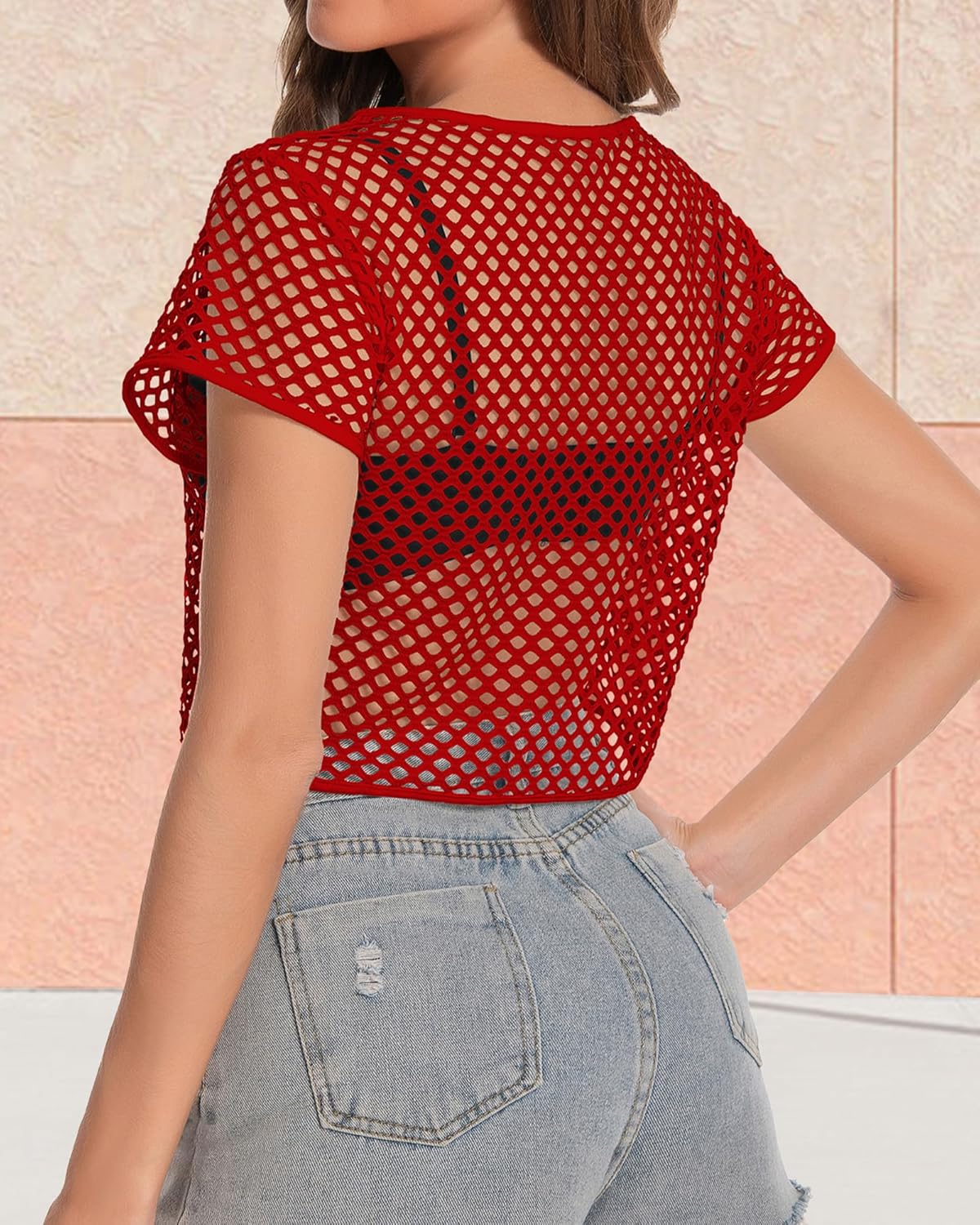 Womens Sheer Mesh Top Fishnet T Shirts Short Sleeve See Through Casual Crop Tops - Image 5