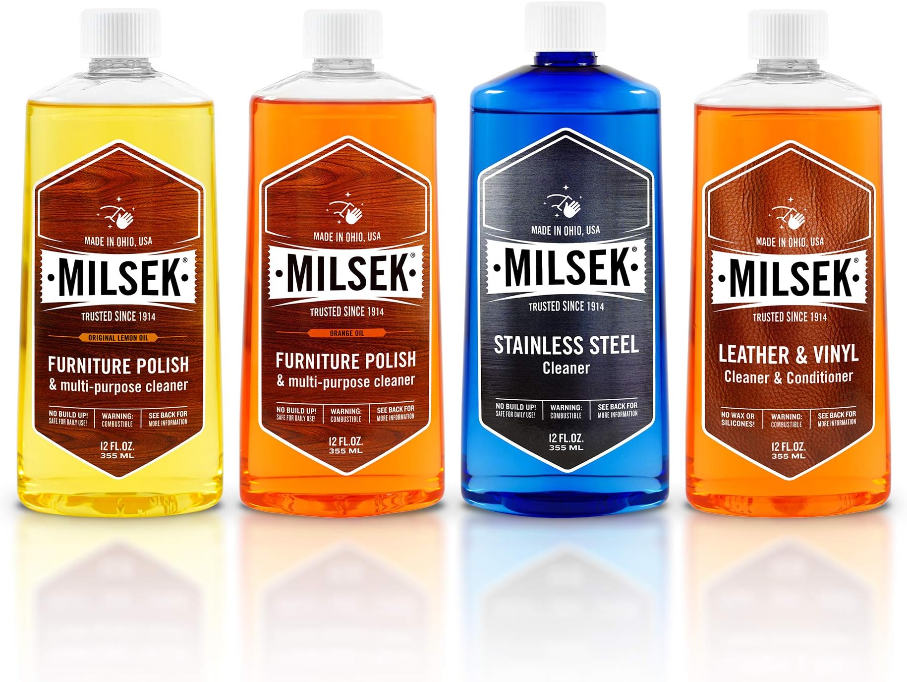 Furniture Polish Variety Pack: Lemon Oil, Orange Oil, Stainless Steel Cleaner, and Leather Cleaner - 4-Pk, 12 fl oz