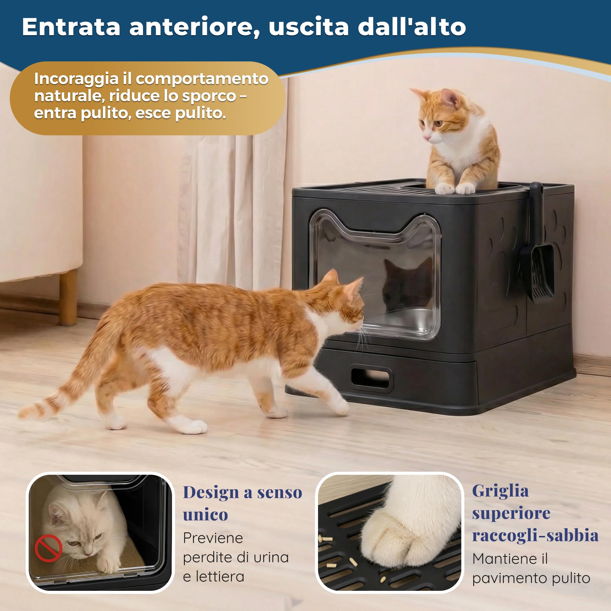 Lettiera gatto acciaio inox – Toilette chiusa con vassoio estraibile Antiodore, antiperdita, facile da pulire – Entrata avanti/uscita superiore – Lettiera gatto con paletta (38,3×51×41 cm),Nero