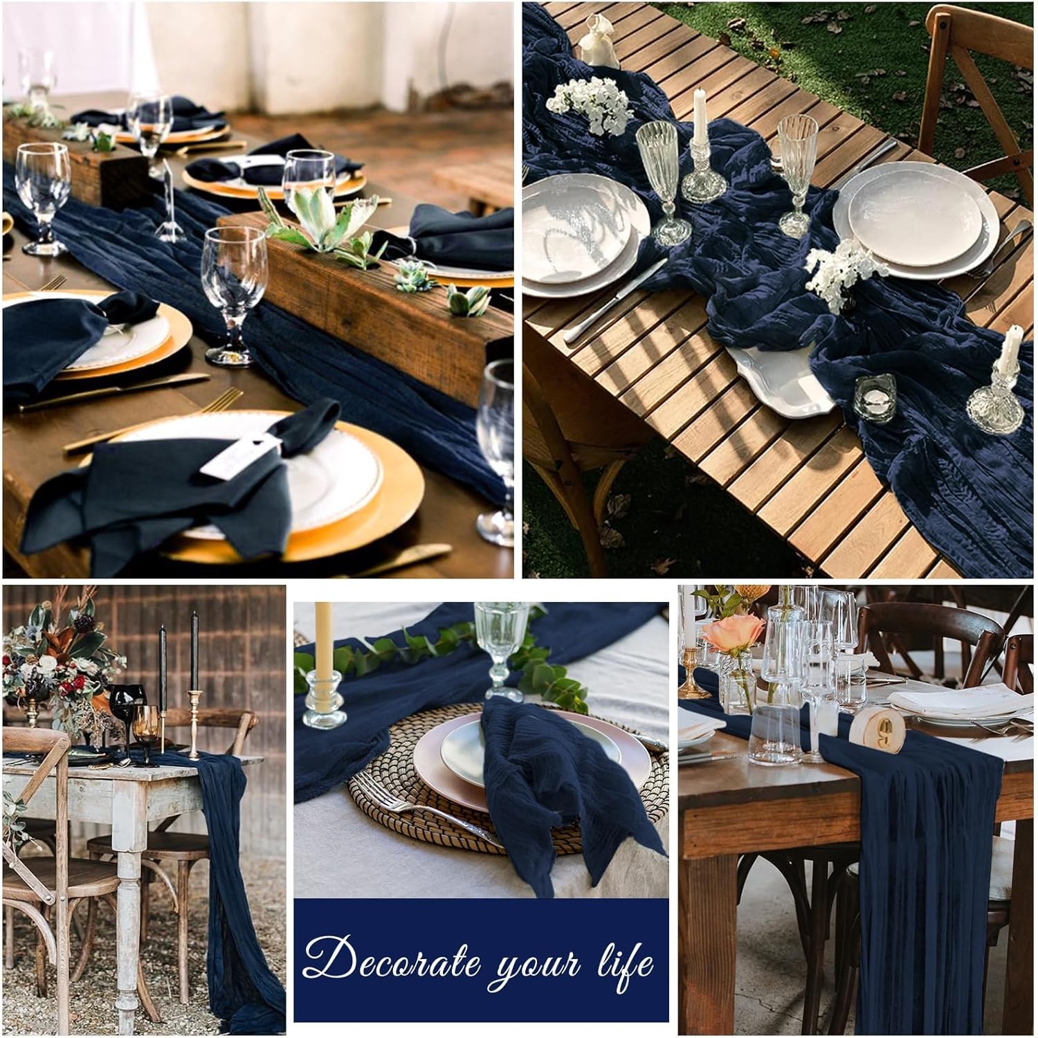 20 Pack Cheesecloth Table Runner 20 x 120 inch Long Boho Gauze Table Runners 10FT Semi Sheer Table Runner for Wedding Decor, Baby Shower, Birthday Party, Banquet (Navy Blue)