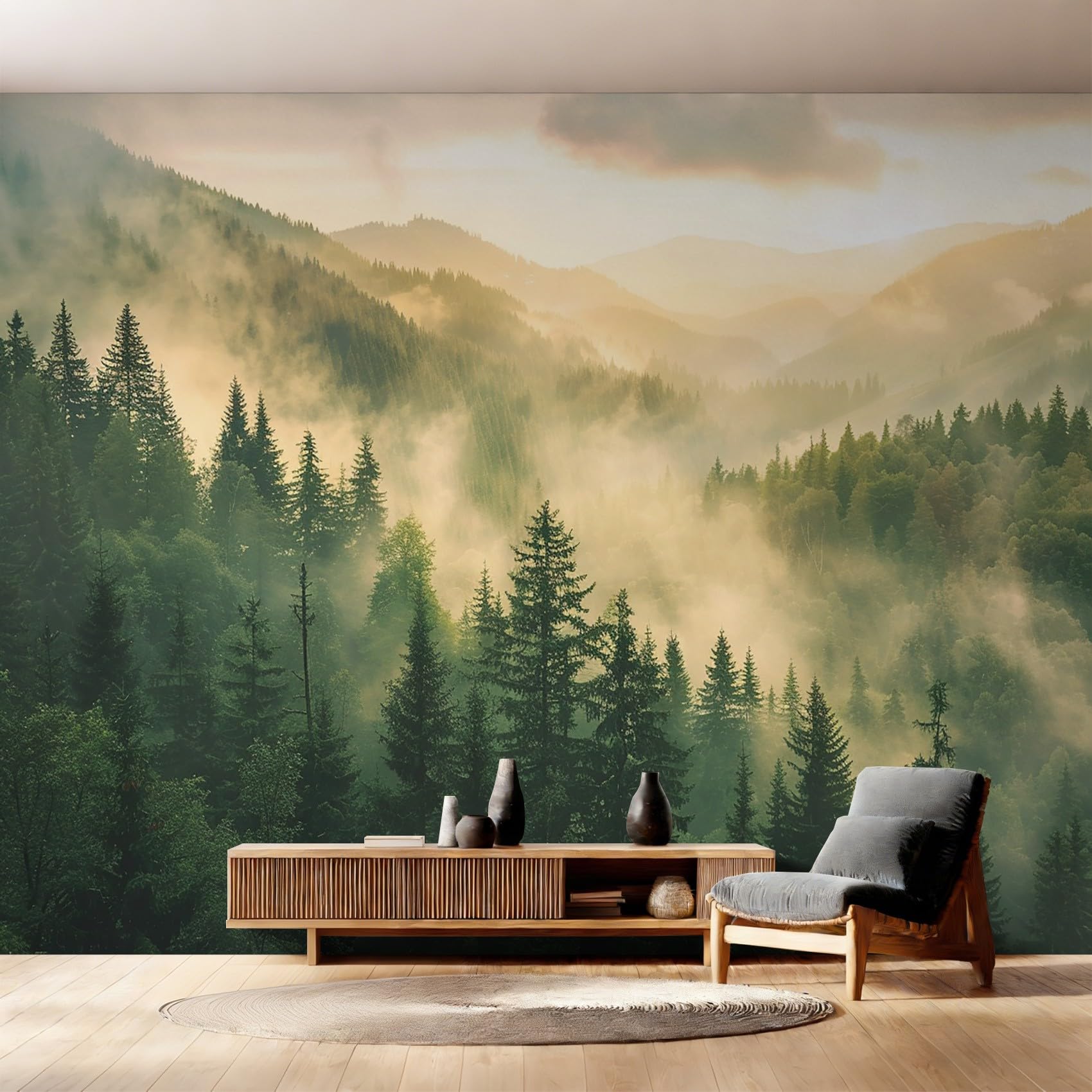 Photo Wallpaper Misty Forest Decorative - Smoky Mountain Pine Tree Wallpaper for Living Room Bedroom, Non-Woven Wall Mural TV Background Decor, 350x256 cm saf-6