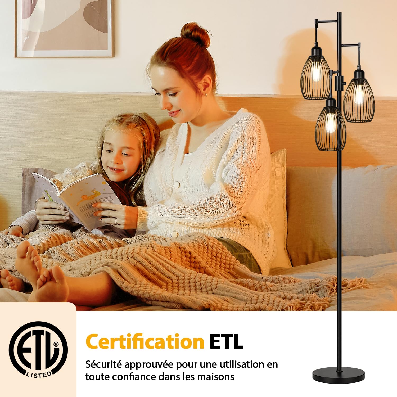 Nintiue Lampadaire sur pied avec variateur, 3 x ampoules LED 800 lm, cage en forme de larme, pour salon et chambre