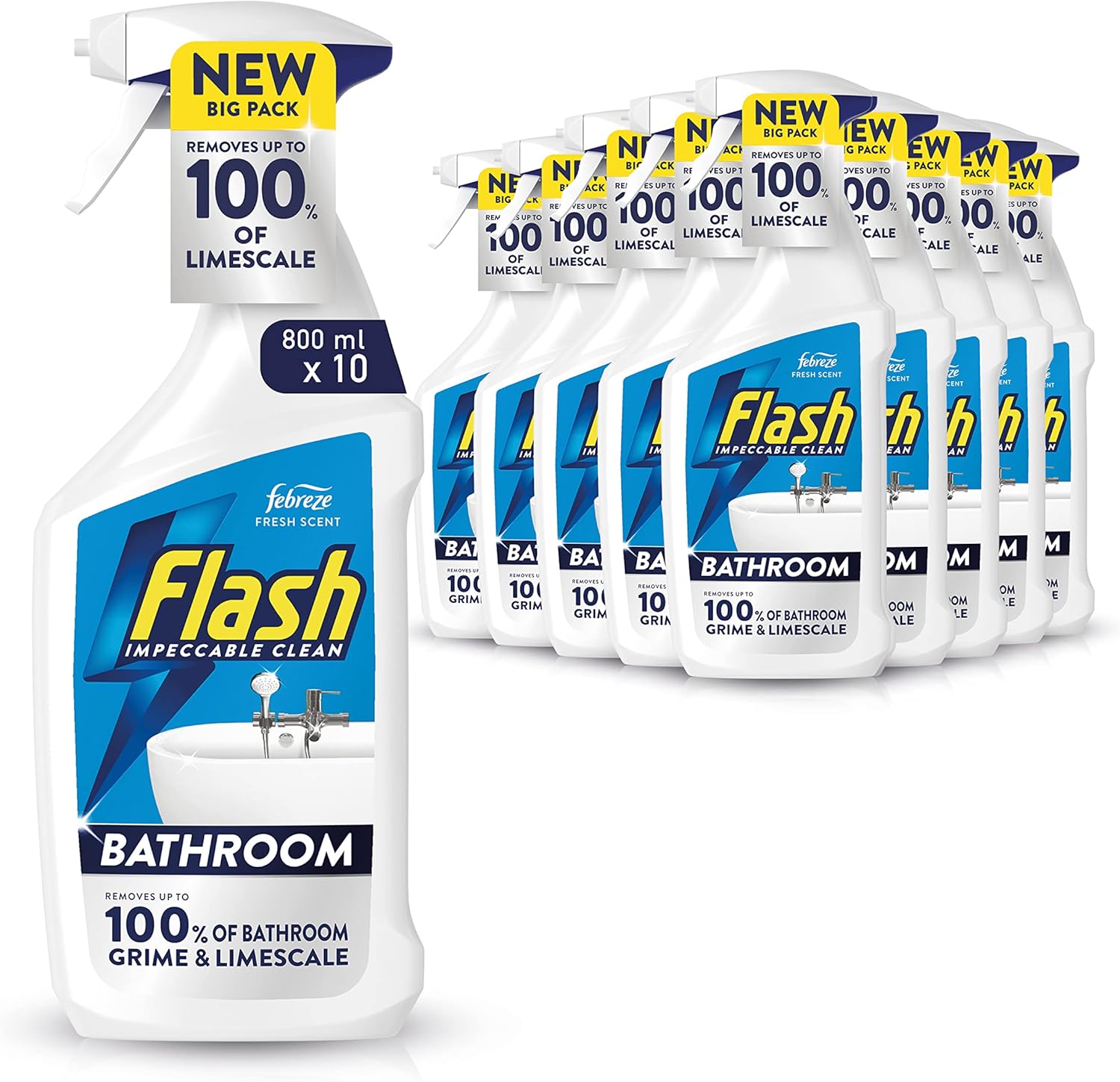 Flash Bathroom Cleaner Spray, 8 Litres (800 ml x 10), Limescale Remover