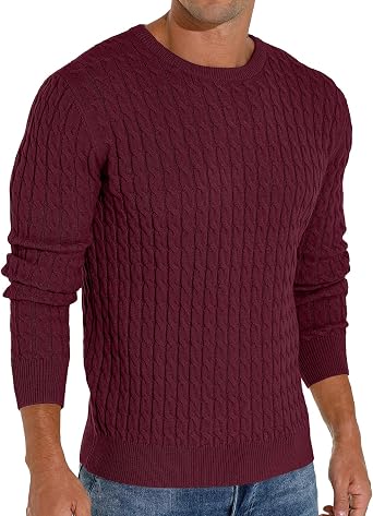 Askdeer Mens Pullover Sweater Crewneck Cable Knit Long Sleeve Sweater Classic Soft Knitted Sweaters with Ribbing Edge