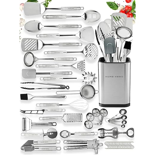 HOME HERO Stainless Steel Kitchen Utensil Set - 29 Cooking Utensils - Nonstick Kitchen Utensils Cookware Set with Spatula - Best Kitchen Gadgets Kitchen Tool Set Gift