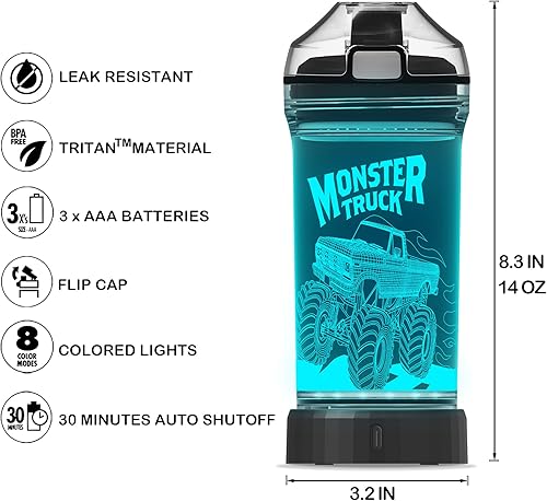 Miniatura 5 de Lightzz Botella de agua para niños con luz LED de camión monstruo brillante 3D - 14 OZ Tritan libre de BPA - Taza creativa ideal para viajes, regalo