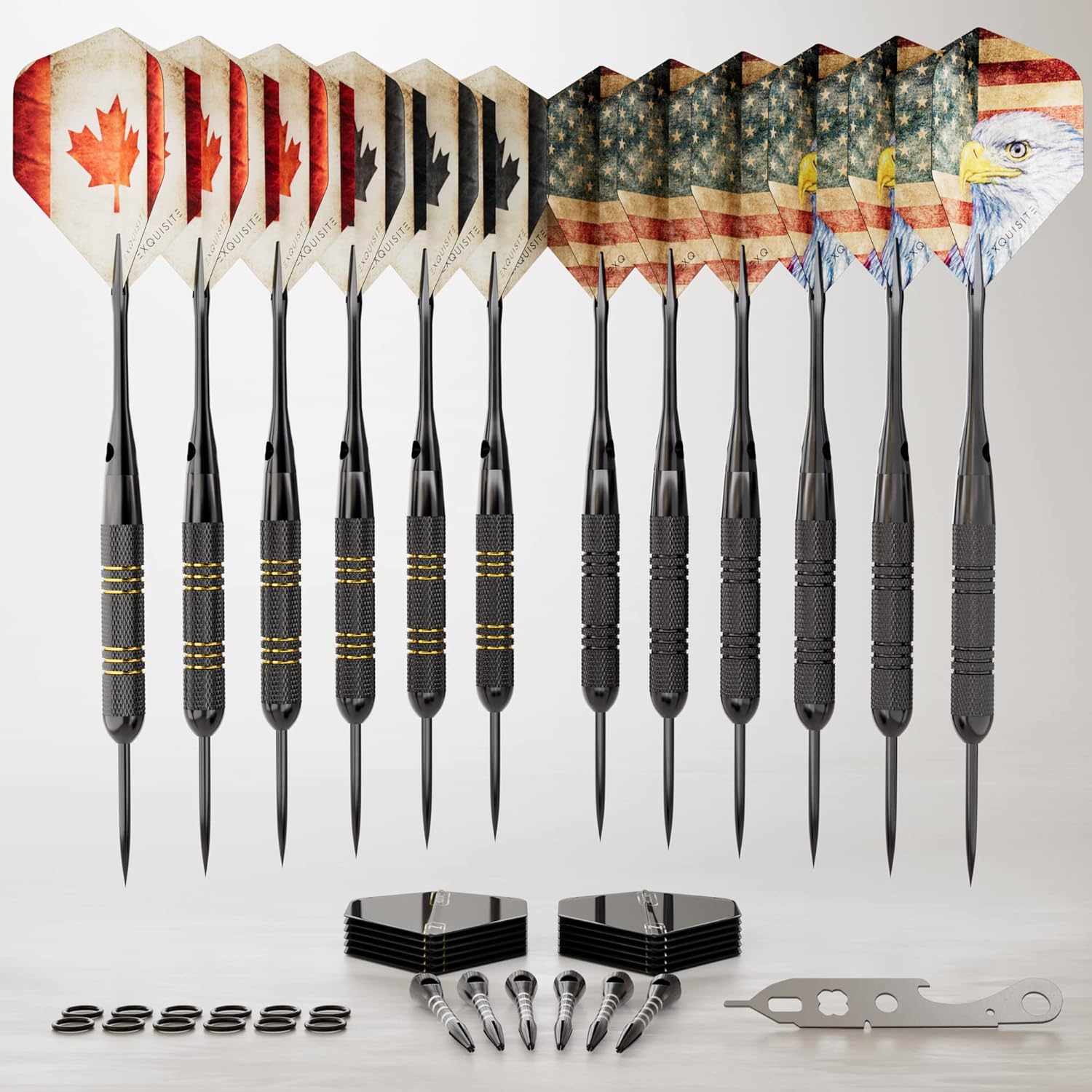 CCExquisite 12 X Darts Steel Tip Set Gold & Black 20/22g with 24