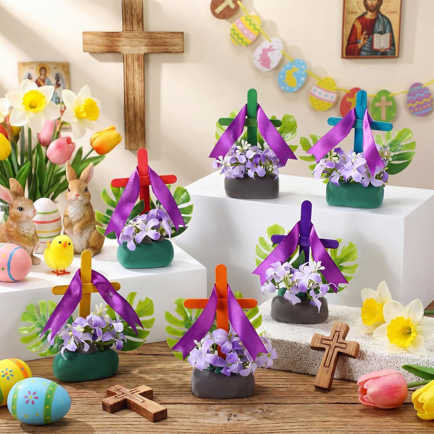 Yunlly 24 Sets Palm Sunday Crafts Religious Easter Crafts Christian Craft Easter Cards with Air Dry Clay He is Risen Handwork Cross Handwork for Spring Activities Spring (Palm Sunday)