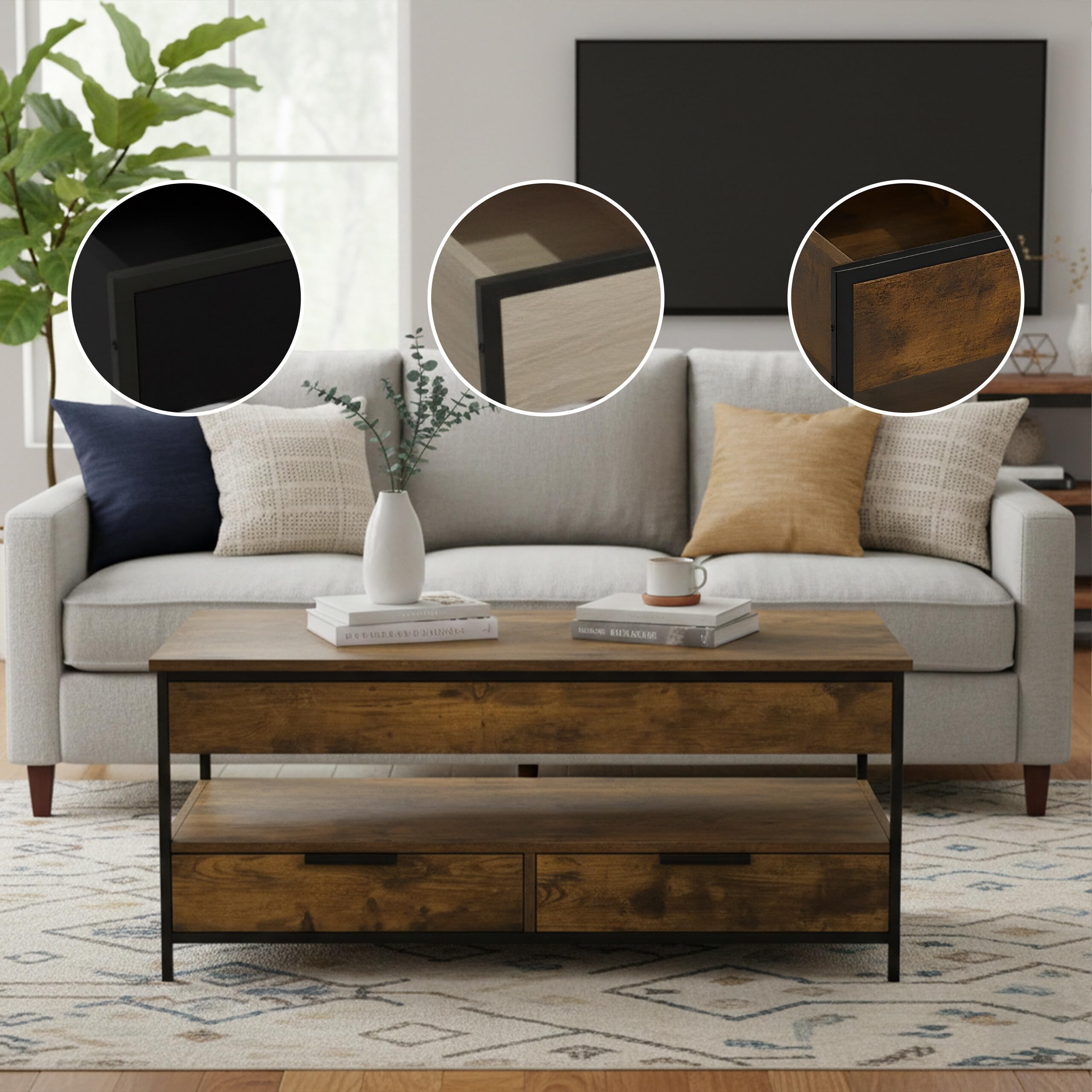 Relaxdays Tavolino, alzabile, 2 cassetti, 4 vani, HLP 48–63 x 100 x 50 cm, Industriale