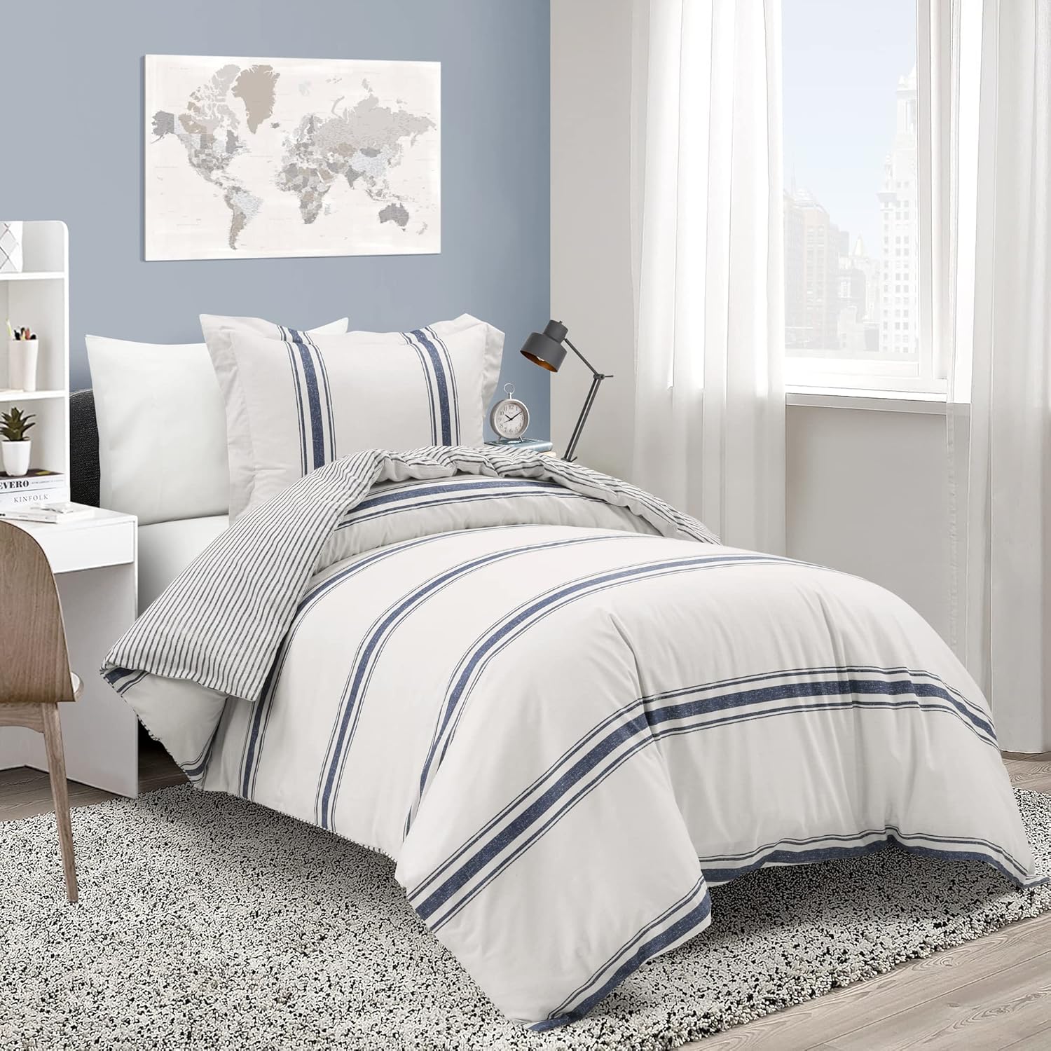 Lush Decor Farmhouse Stripe Reversible Cotton Duvet Cover Twin XL Size 2 Piece Set Navy - Twin XL Bedding Set - Striped Duvet Cover - Dorm Essentials