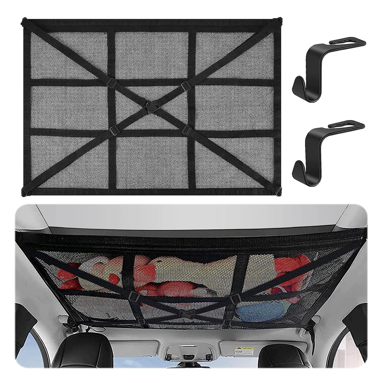QVEDJUVXZ Car Ceiling Cargo Net Pocket, for Fiat Panda (141 169 319 1980-2025 2026) Mesh Roof Organizer Large Capacity Storage Nets Adjustable Double-Layer,L 90 * 65cm