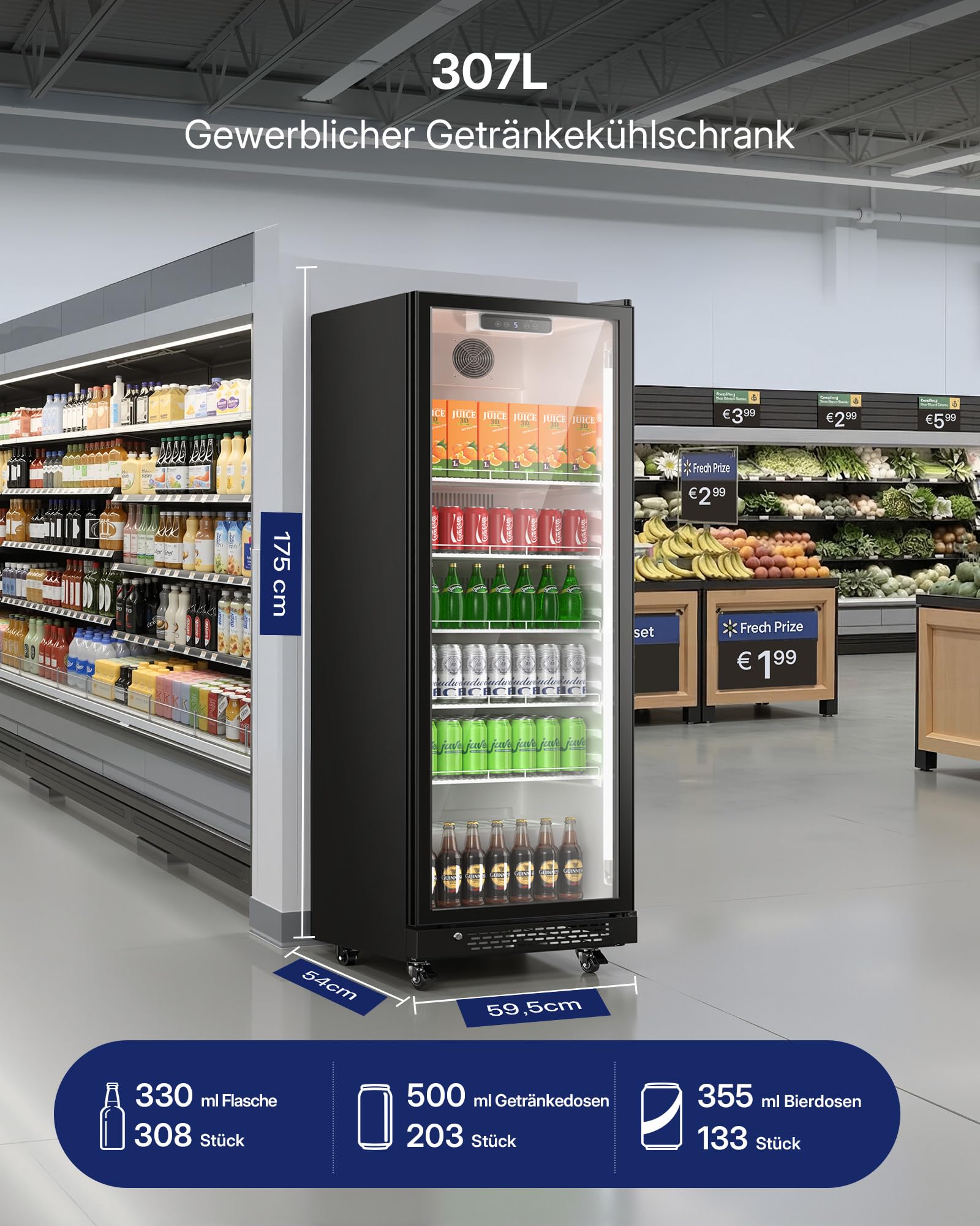 Upstreman D307 Getränkekühlschrank 307L mit Glastür LED-Beleuchtung höhenverstellbaren Regalen Sicherheitsschloss