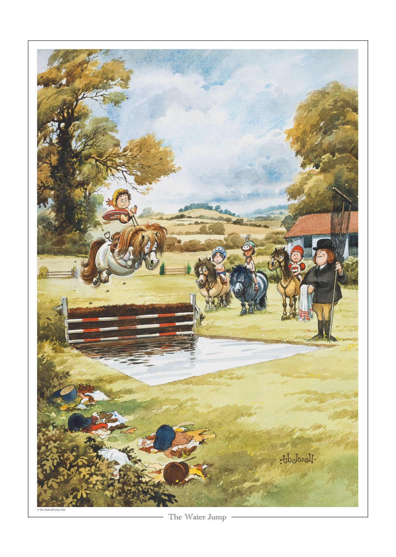 Thelwell Cartoon Pony and horse riding print. The Water Jump