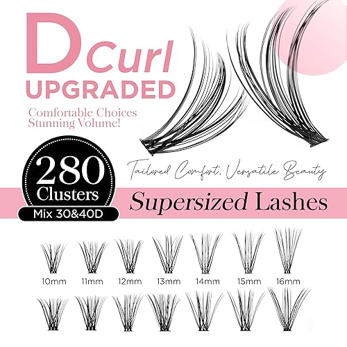 Miniatura 2 de BEYELIAN Extensiones de pestañas rizadas en racimo D, 280 unidades, de 0.394 a 0.630 pulgadas, pestañas postizas de aspecto denso, banda superfina y