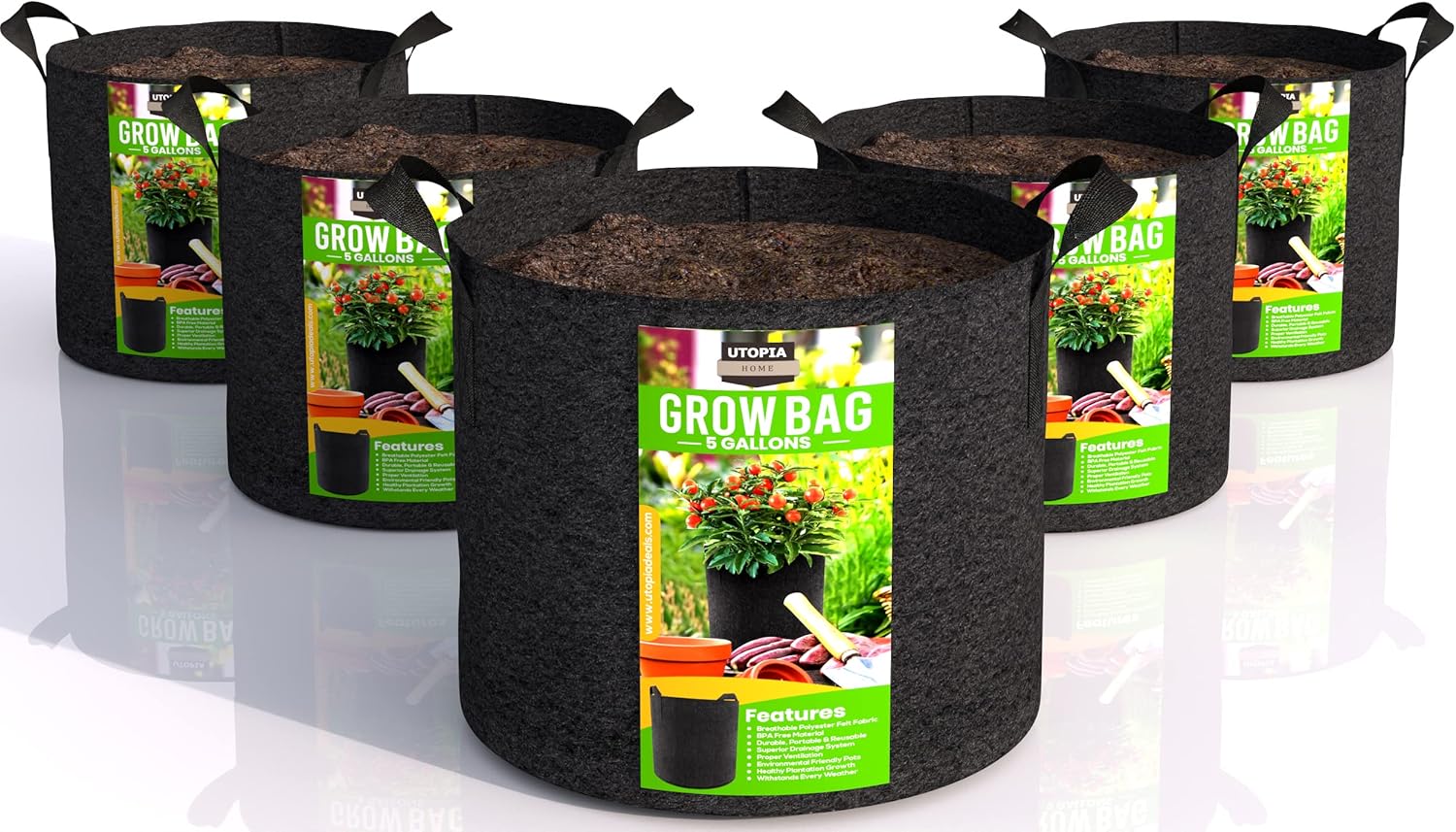 Utopia Home 5Pack 5 Gallon Fabric Grow Bags, Heavy Duty