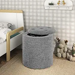 Puff Baú Redondo Linho Cinza Organizador Reforçado Multiuso Moderno Apoio P/Pés