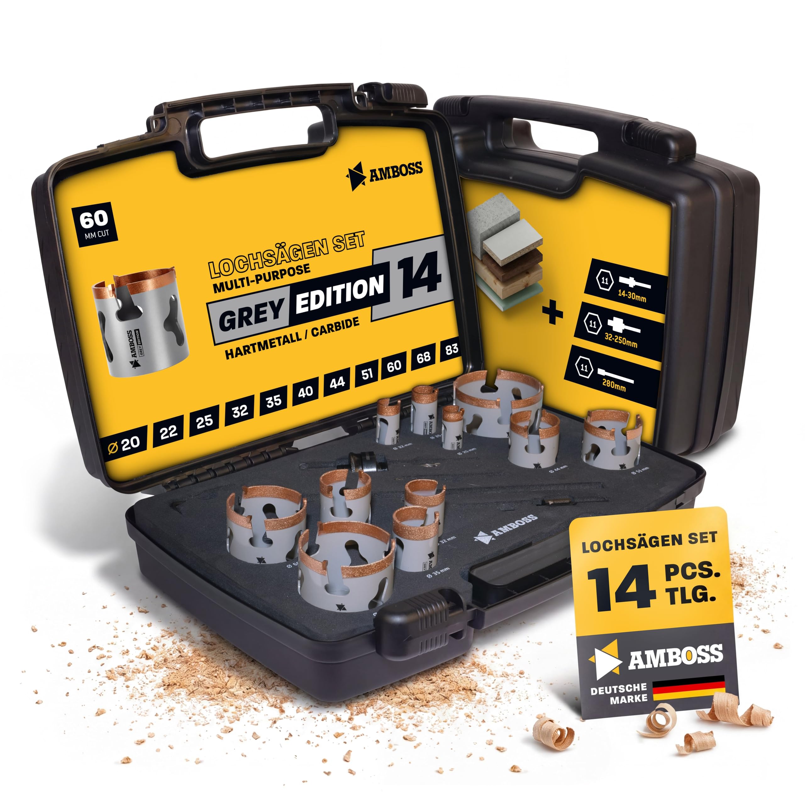 Juego de 14 sierras de corona HM carburo Amboss Werkzeuge Grey Edition 20 – 83 mm – para madera, placas de yeso, MDF y plástico – Extracción de núcleo Easy Eject, 5 veces más rápido que el bimetal