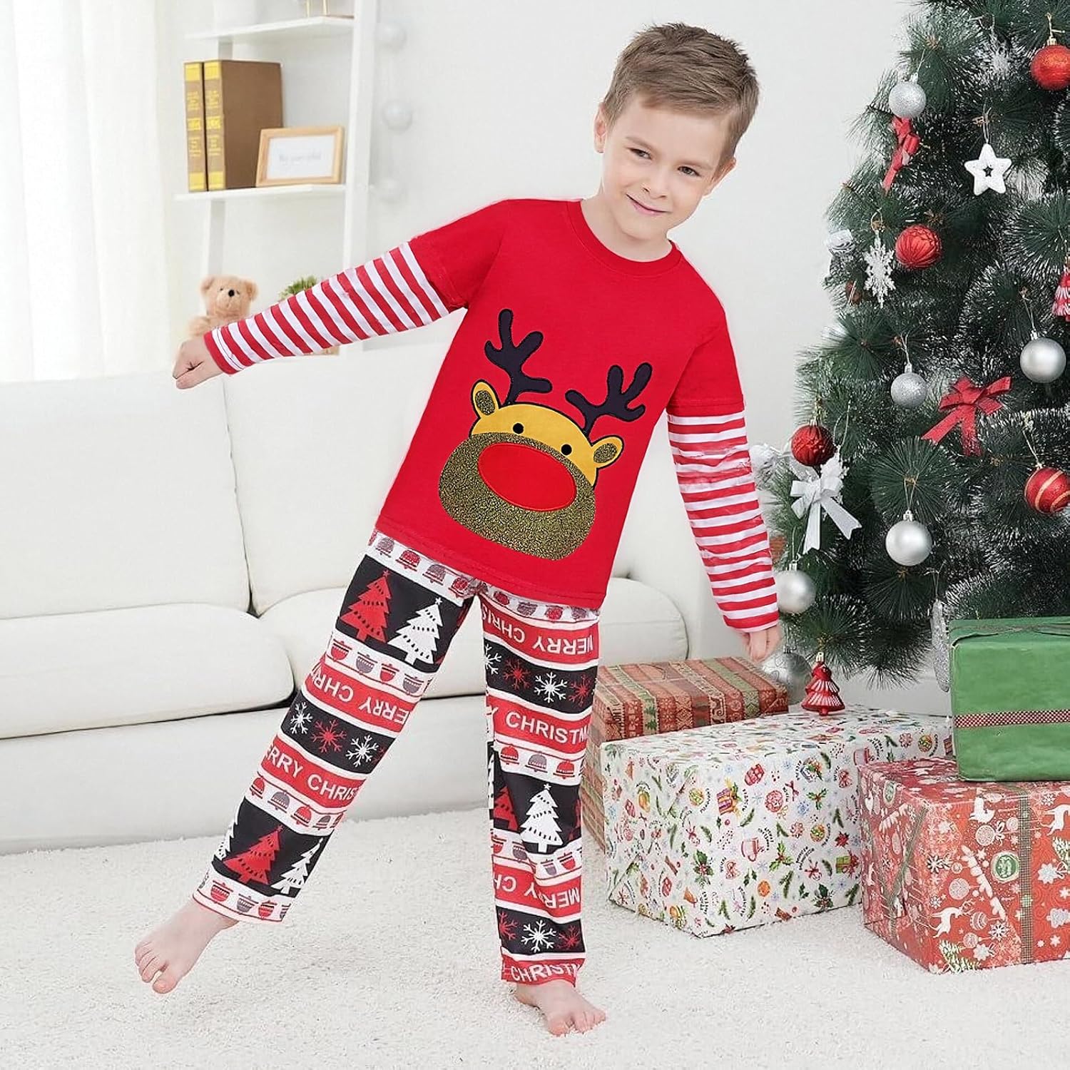 Toddler Boys Girls Christmas Shirts Red White Stripe Long Sleeve Tees Kids Reindeer T-Shirt Ugly Xmas Clothes Tops 2-7 Years - Image 2