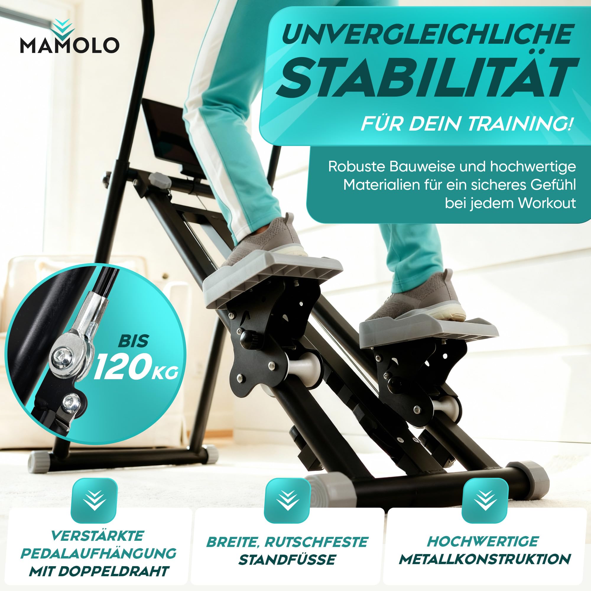 Stepper für Zuhause mit Haltegriff [Höhenverstellbar] 3 Fitness Widerstandsstufen Stairmaster mit Getränkehalter, Handyablage