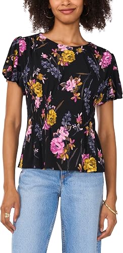 Vince Camuto Short Sleeve Smocked Waist Panel Printed TEE Rich Black