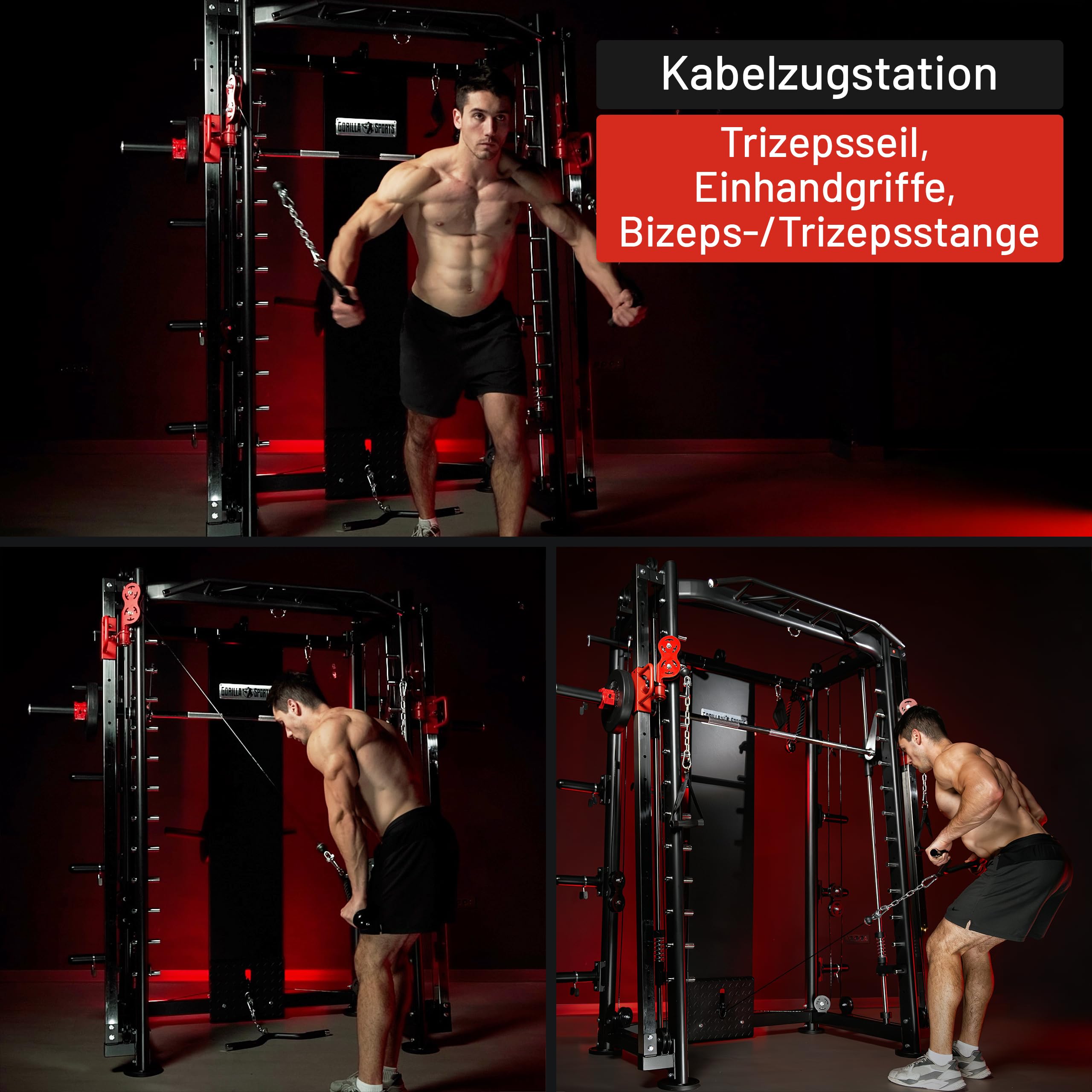 GORILLA SPORTS® Smith Maschine - mit Klimmzug, Rudern, Dip Station, Bizeps/Trizepsgriff, Langhantel und Hantelscheiben Aufnahme, Verstellbar, Stahl - Multipresse, Power Rack, Kraftstation, Power Cage