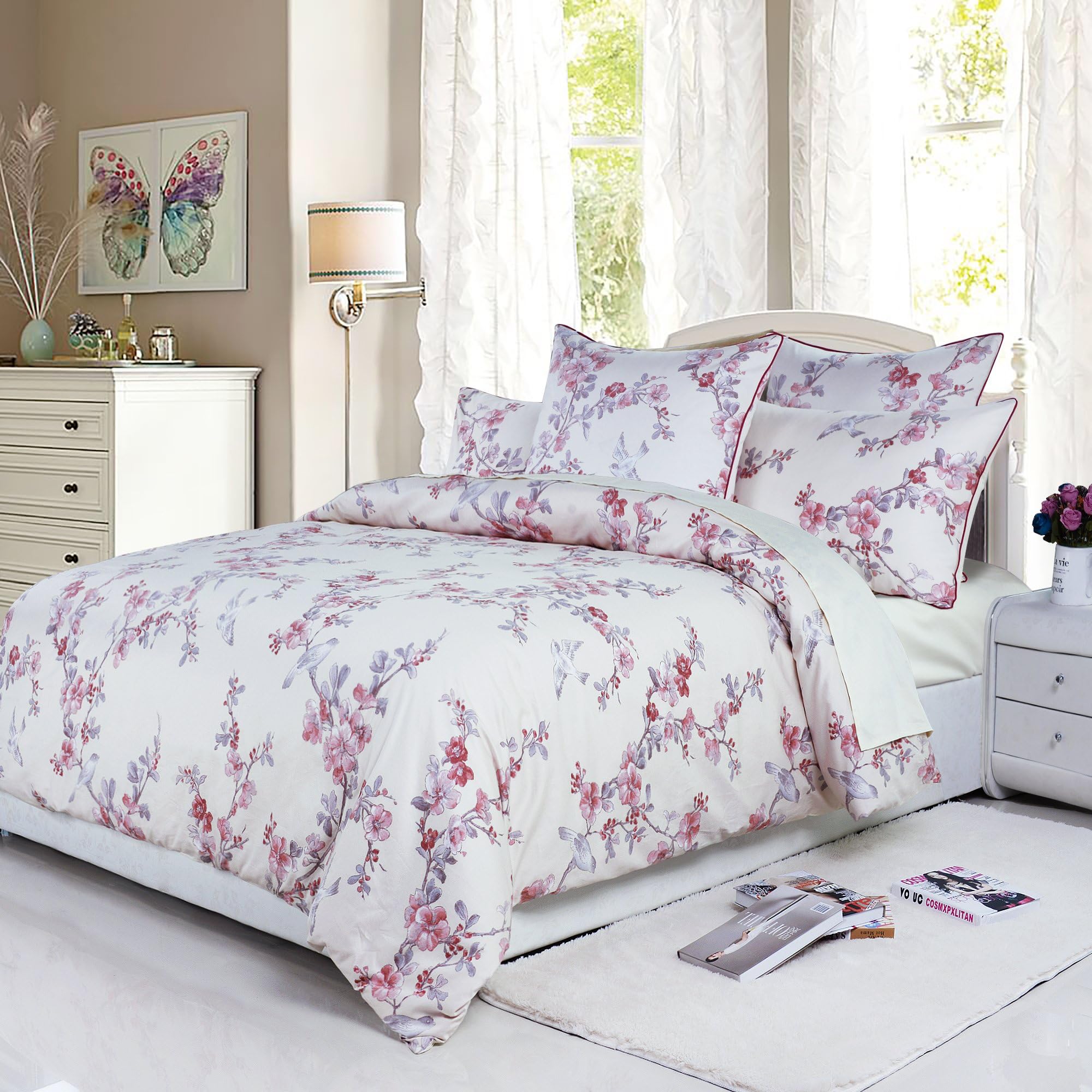 USTIDE Egyptian Cotton Duvet Cover Set Super King 3 Pieces Farmhouse Blossom Birds Bedding Elegant Bed Cover with 2 Pillowcases