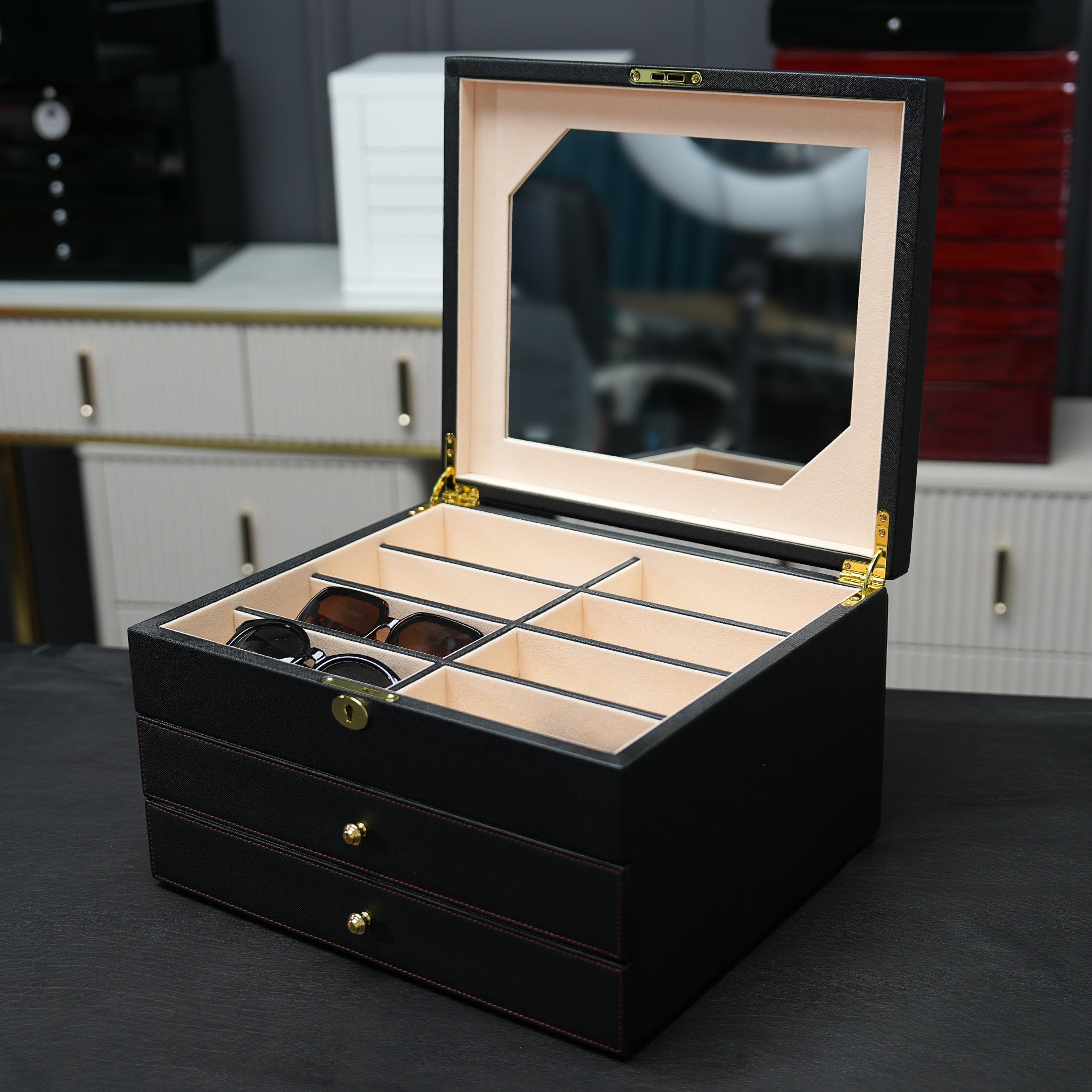 Luxuriöses Sonnenbrillenetui, 3-lagig, 24 Schlitze, Brillen-Organizer, Brillenaufbewahrungsbox für Damen und Herren, PU-Leder mit Spiegel (schwarzes PU)