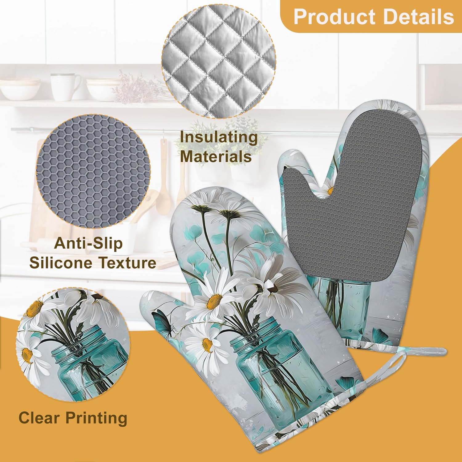 Oven Mitts and Pot Holders Daisy Flower Butterfly Vase Silicone Kitchen Accessories Set of 4 Heat Resistant Gloves Abstract Potholder Non-Slip Grip for Chef Cooking Baking Grilling BBQ
