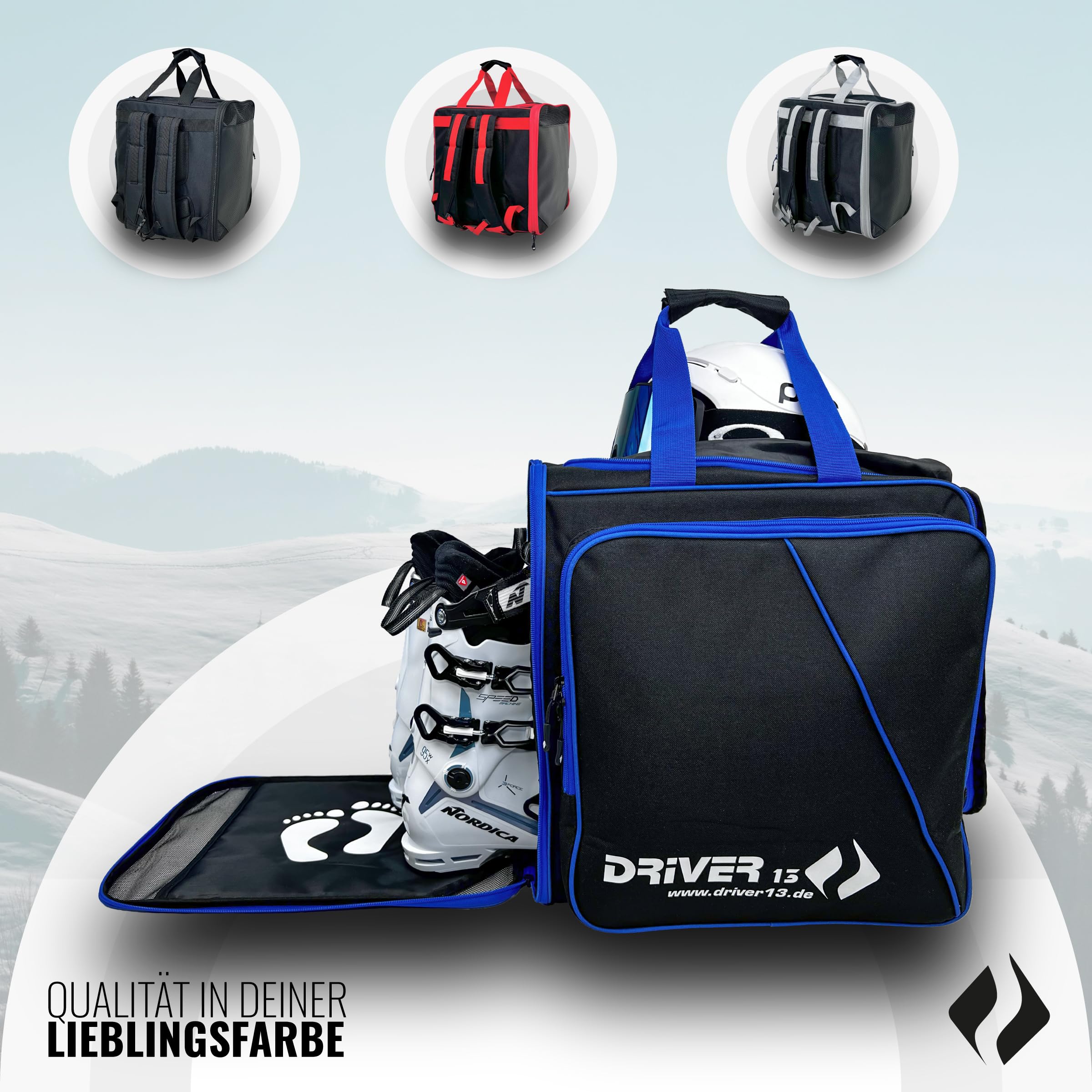 Driver13 ® Mochila para Botas de esquí con Compartimento para Casco + Mochila para Botas de esquí con Compartimento para Casco Duro + Botas de Snowboard + Bolsa para Botas Negro-Azul