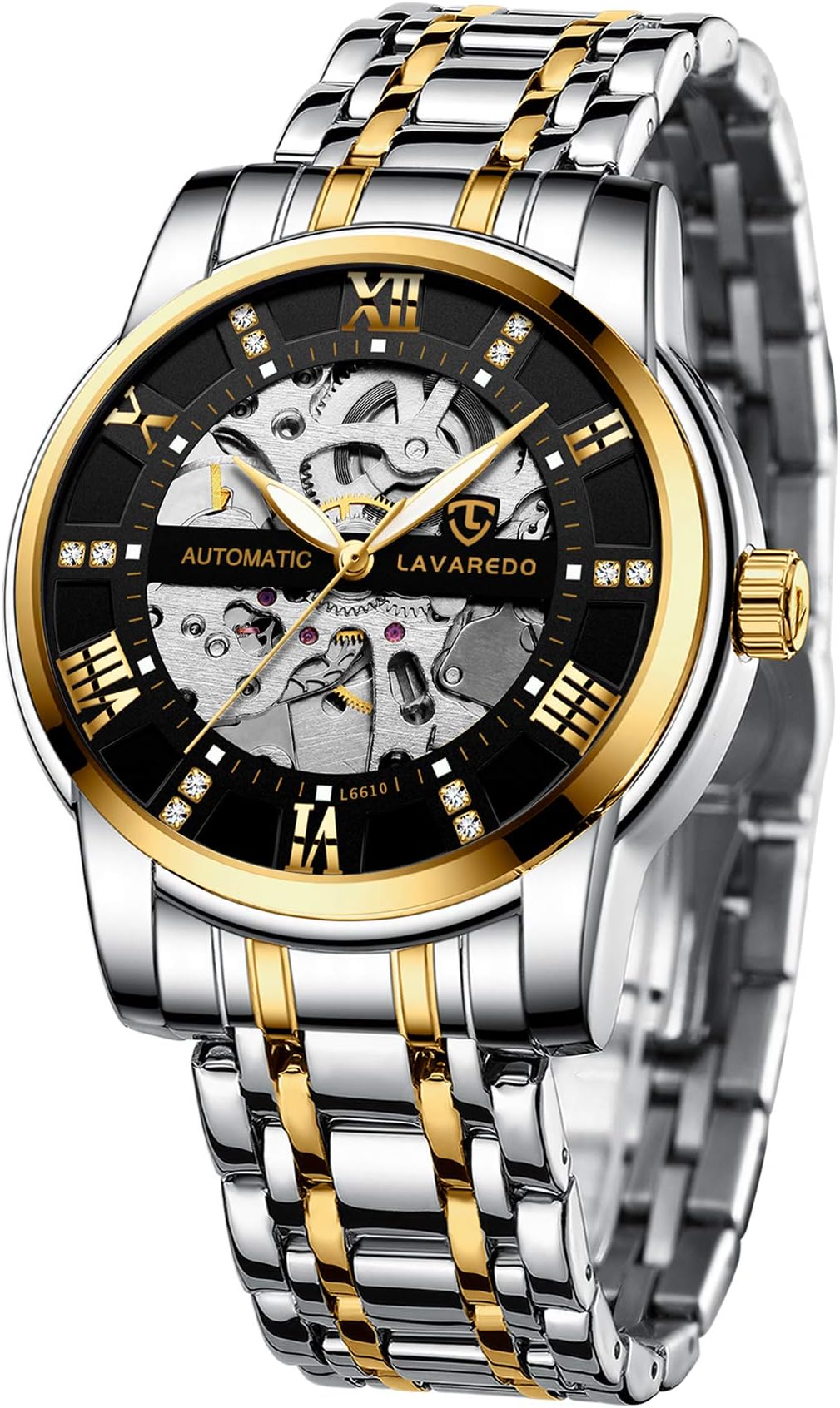 Mens Watch Skeleton Luxury Mechanical Stainless Steel Waterproof Black Automatic Self-Winding Roman Numerals Diamond Dial Wrist Watch