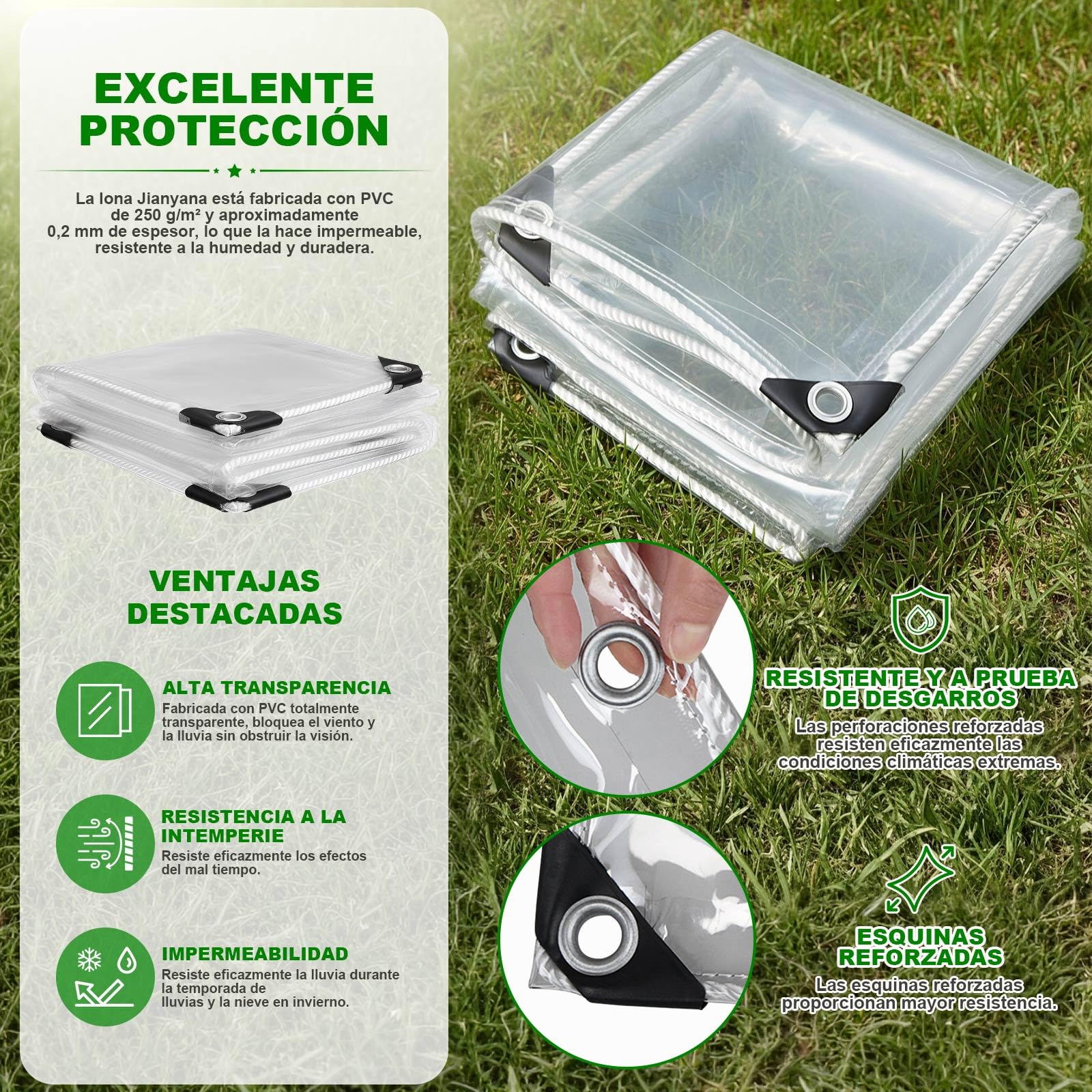 Jianyana Lona Transparente Impermeable 2×2.5m, 250 g/m² PVC Lonas Impermeables Exterior Transparente toldo Transparente Exterior con Lacci Di Fissaggio, Ancoraggio